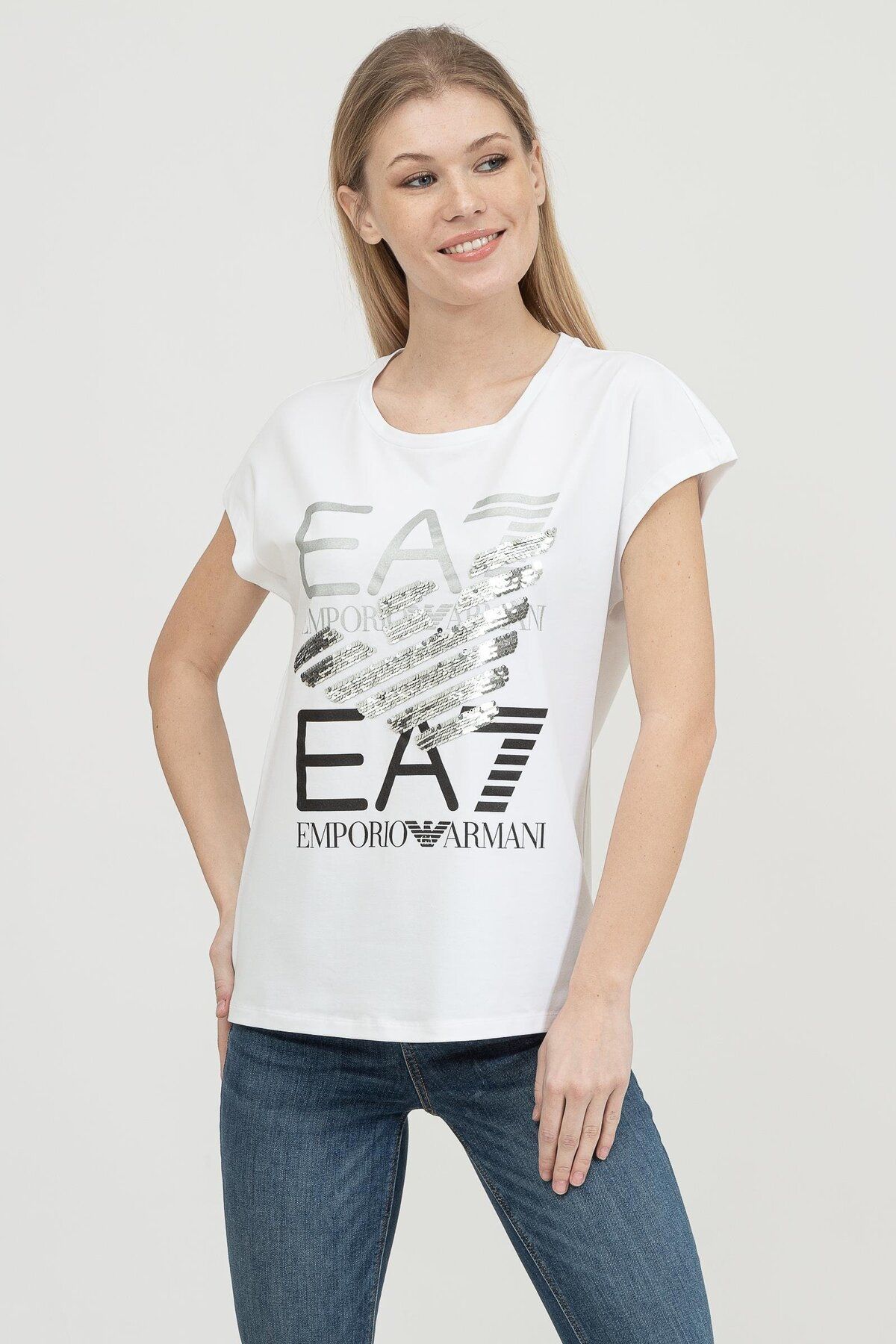EA7 Payet Detaylı Esnek Pamuklu T-Shirt