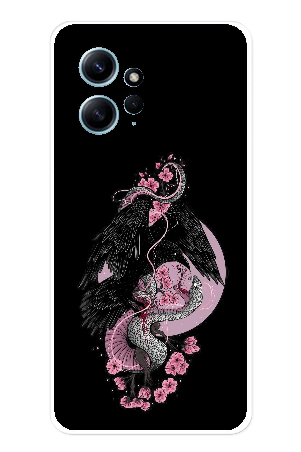 TechTree Redmi Note 12 4G Uyumlu Pembe Siyah Yılan Şeffaf Silikon Kılıf