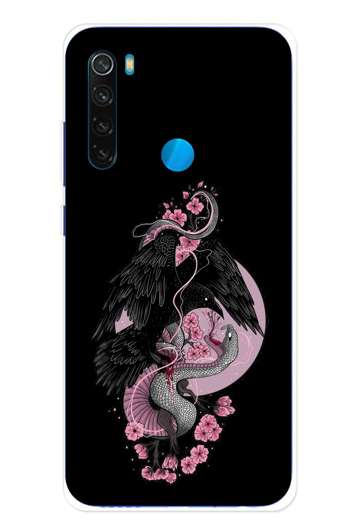 TechTree Redmi Note 8 Uyumlu Pembe Siyah Yılan Şeffaf Silikon Kılıf
