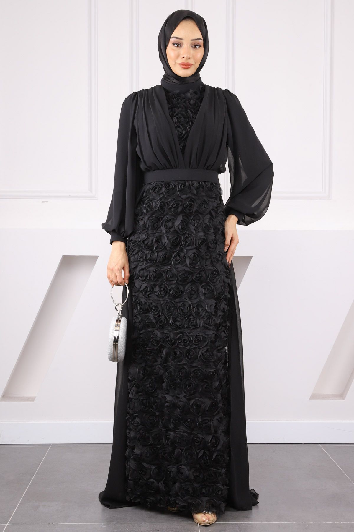 İmajButik Siyah Şifon Gül Garnili Abiye