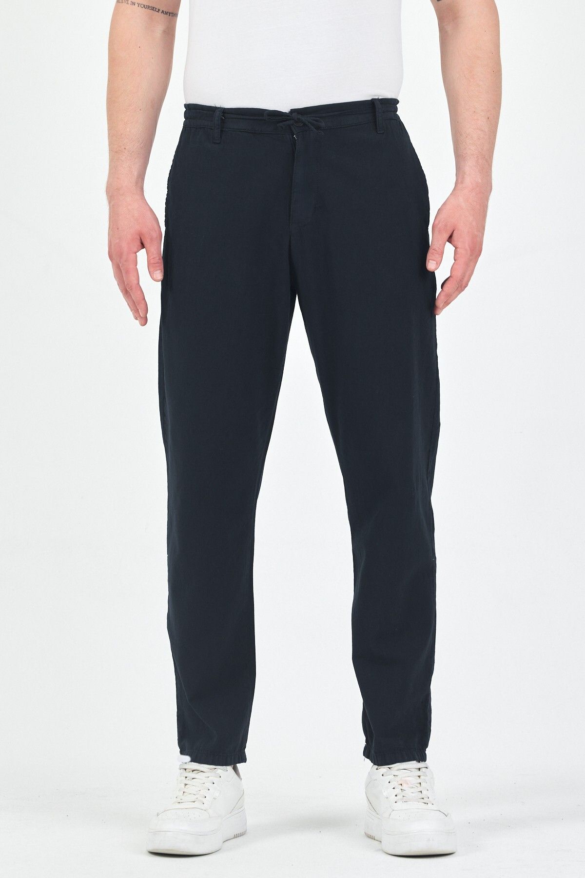 TheSeason Erkek Lacivert Pamuklu Keten Görünümlü Beli Bağcıklı Relaxed Fit Yazlık Chino Pantolon