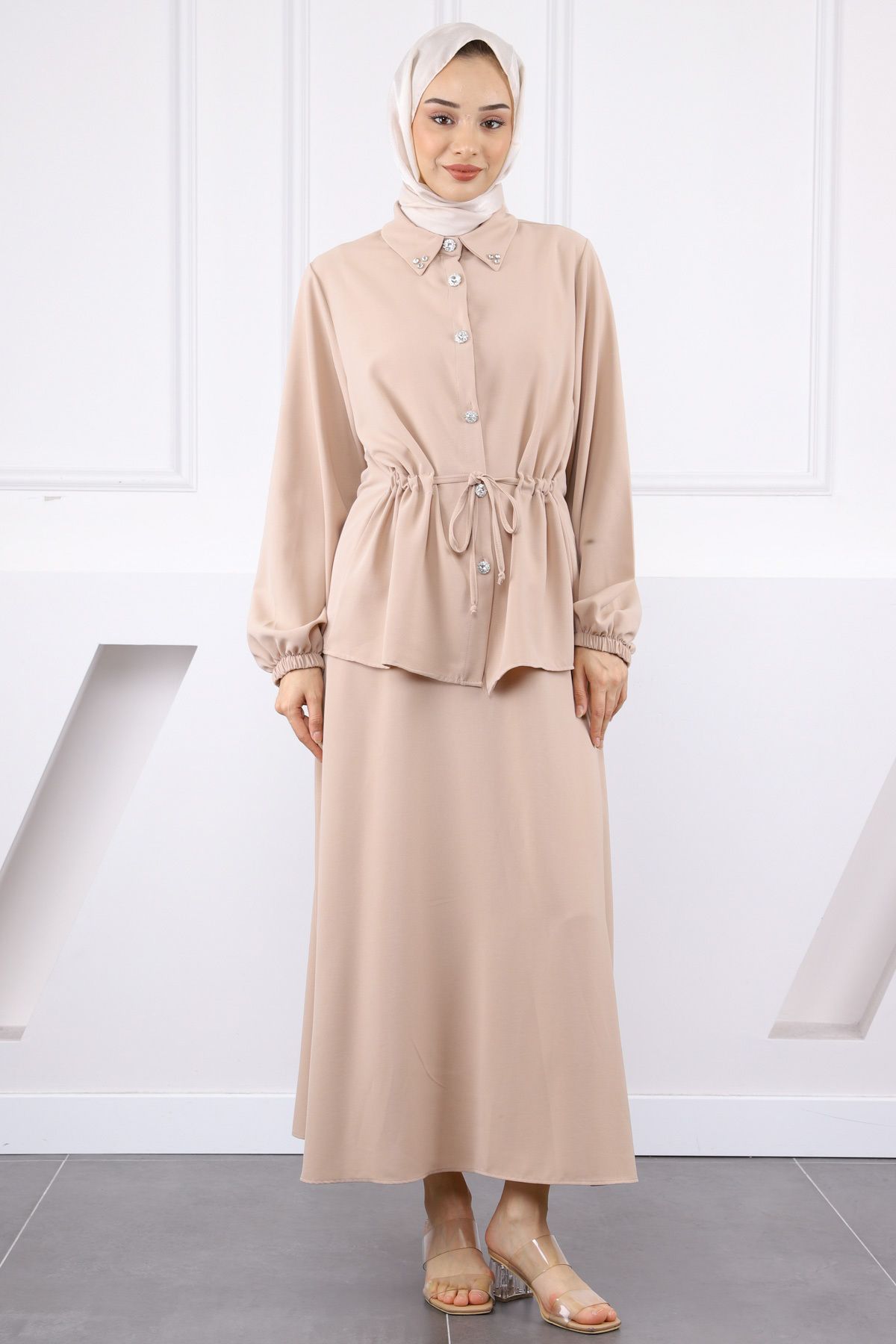 İmajButik Vizon Bel Bağlamalı Gömlek Etekli Takım