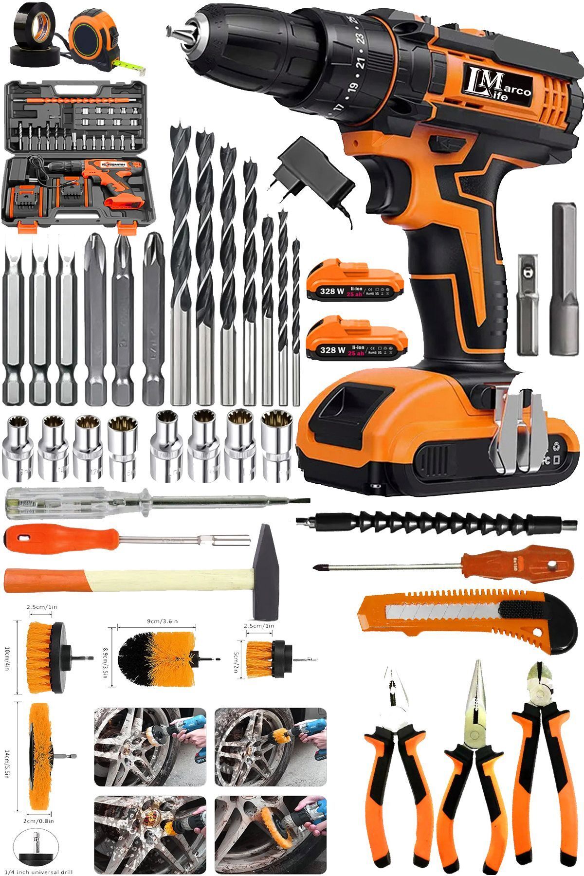 MARCO LİFE Yellow E-1537 Lion 2 Akülü Metal Şanzıman Turbo Şarjlı Matkap Vidalama 40 Pcs Set 18 Torq