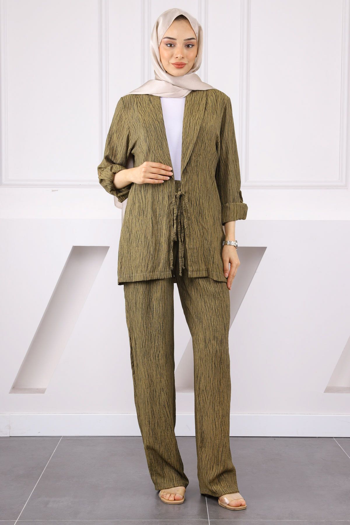 İmajButik Haki Ön Bağlamalı Kimono Pantolonlu Takım
