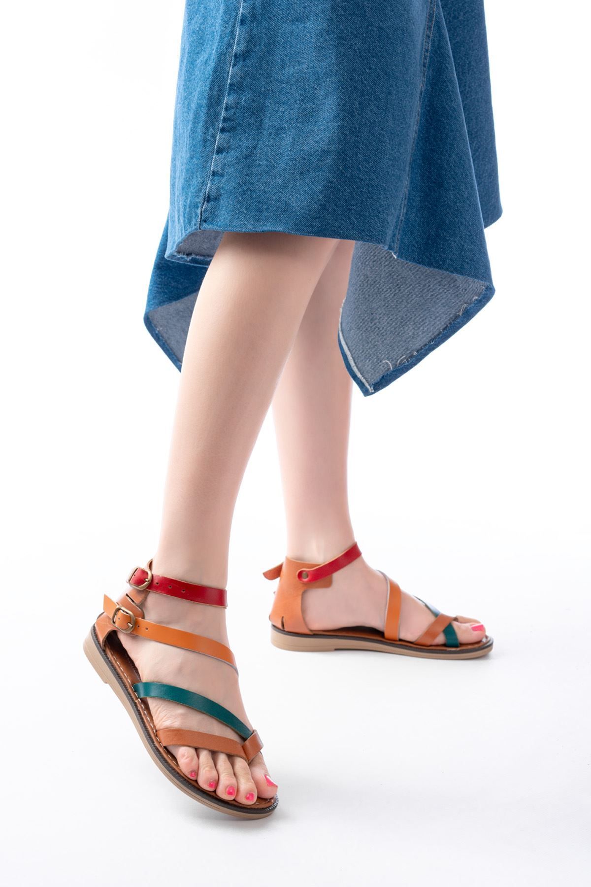 infon shoes creation 205-039 Taba Multi Bilekten Bağlamalı Parmak Arası Kadın Sandalet