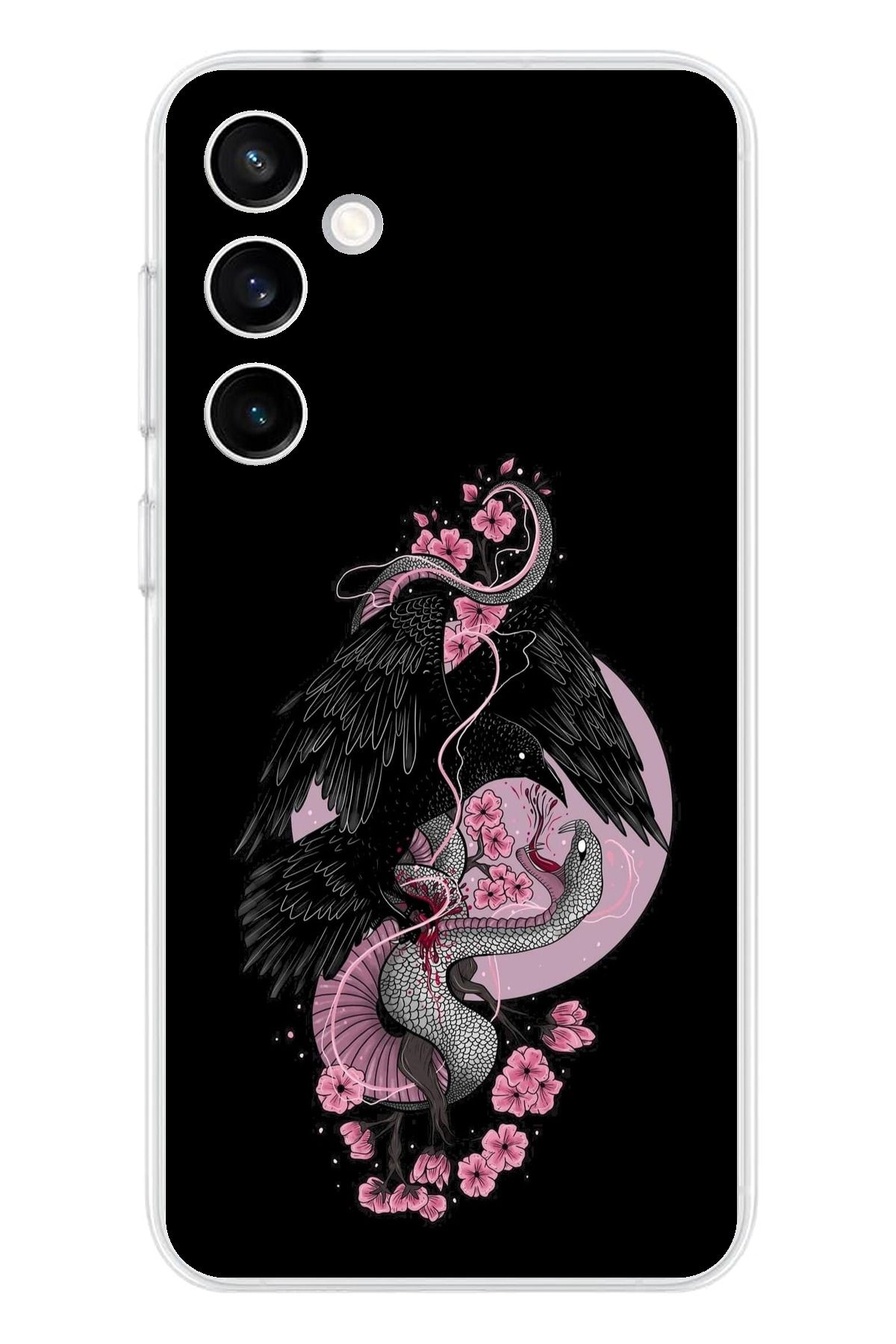 TechTree Samsung Galaxy S23 Fe Uyumlu Pembe Siyah Yılan Şeffaf Silikon Kılıf