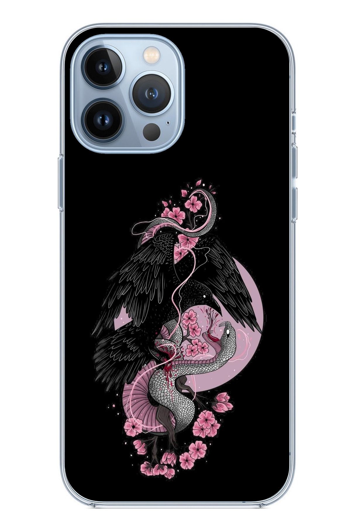 TechTree iPhone 13 PRO Uyumlu Pembe Siyah Yılan Şeffaf Silikon Kılıf