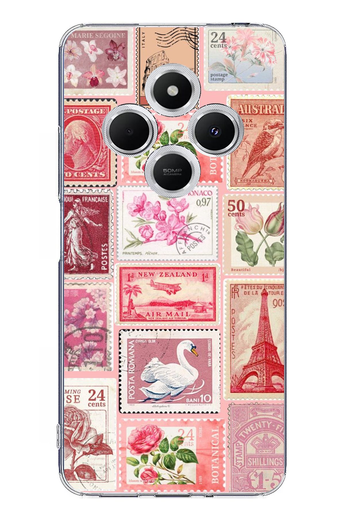 TechTree Redmi 14C Uyumlu Pembe Posta Pulları Şeffaf Silikon Kılıf