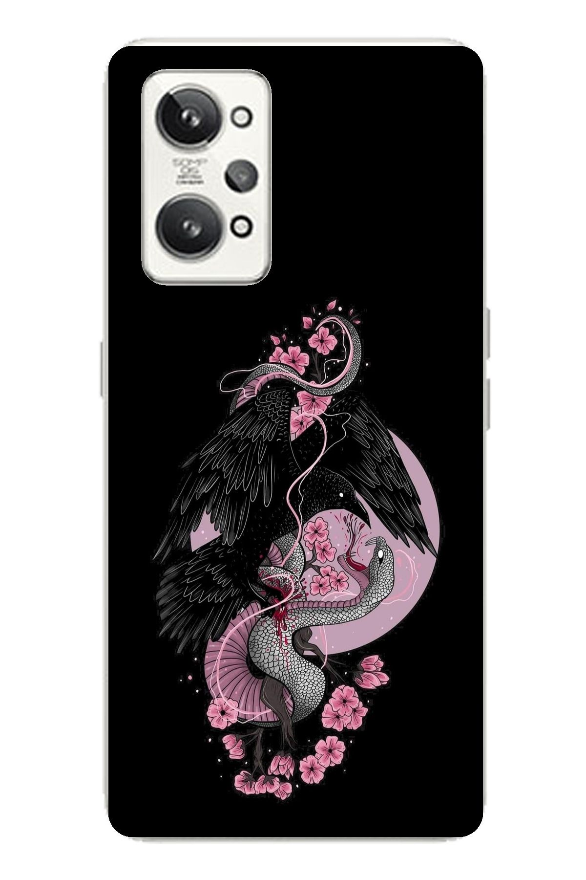 TechTree Realme GT2 Pro Uyumlu Pembe Siyah Yılan Şeffaf Silikon Kılıf
