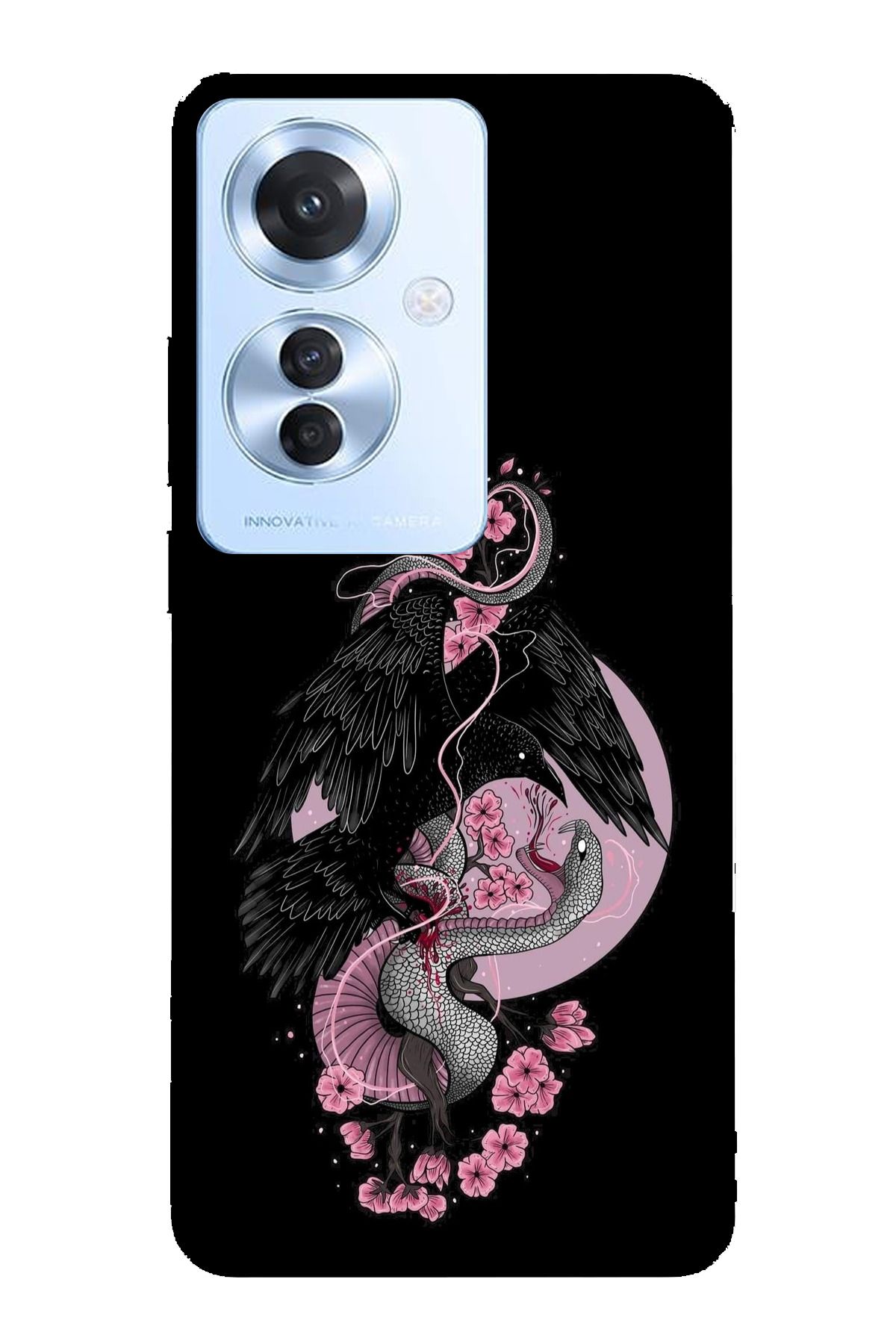TechTree Oppo Reno 11F 5G Uyumlu Pembe Siyah Yılan Şeffaf Silikon Kılıf