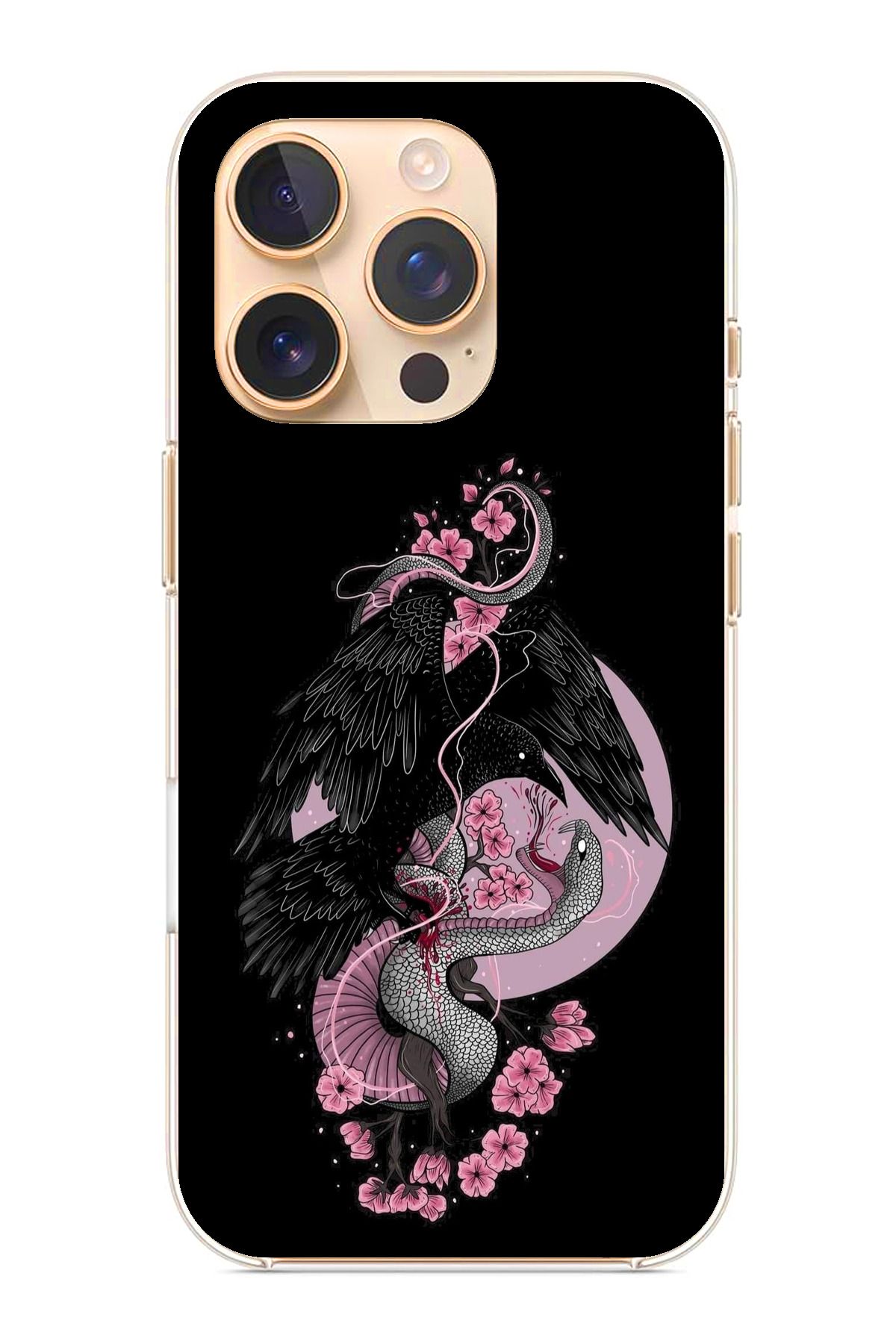 TechTree iPhone 16 Pro Uyumlu Pembe Siyah Yılan Şeffaf Silikon Kılıf