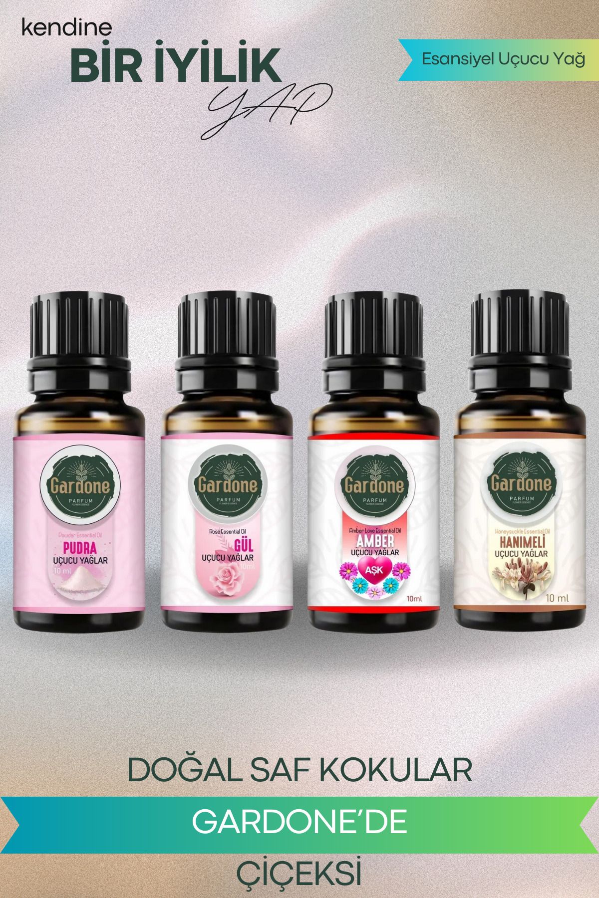 Gardone 4 lü Set Esansiyel Uçucu Yağ Buhurdanlık Yağı Difüzörü Kokusu Esans Amber Gül Hanımeli Pudra