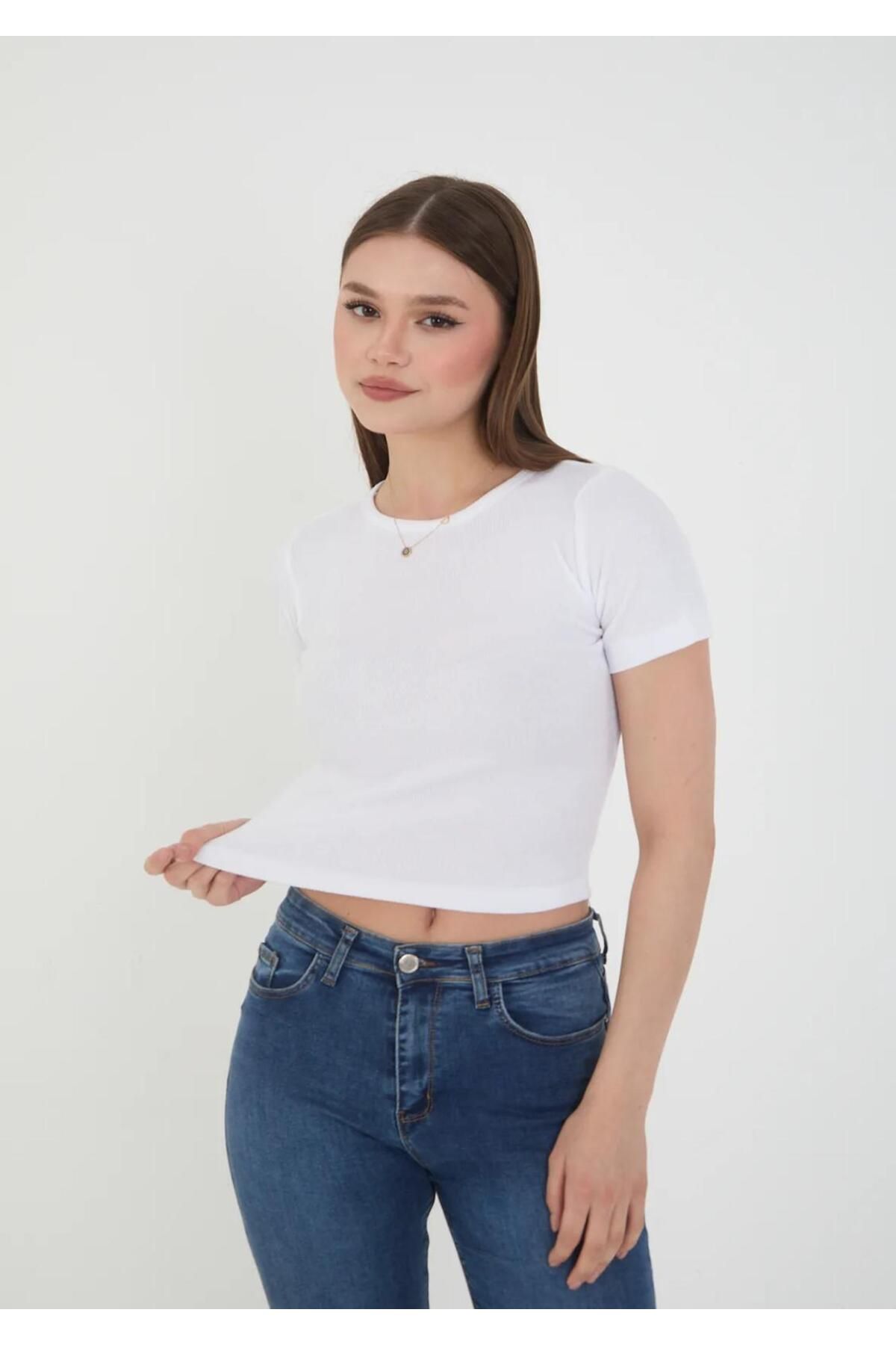 SWALORA SLAWORA Kadın Bisiklet Yaka Fitilli Kısa Kol Body Crop Bluz