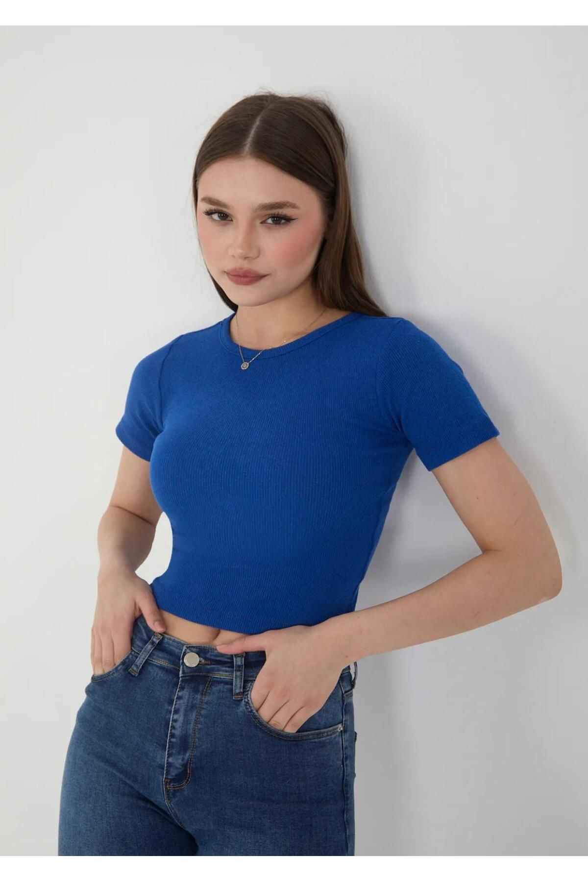 SWALORA SLAWORA Kadın Bisiklet Yaka Fitilli Kısa Kol Body Crop Bluz