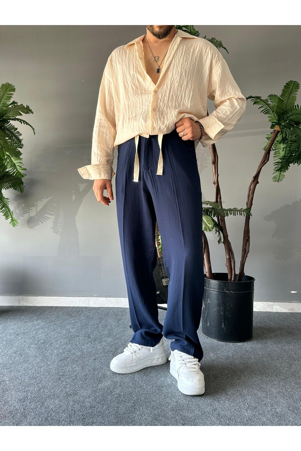 THEMANN Müslin Kumaş Baggy Kalıp Lacivert Pantolon