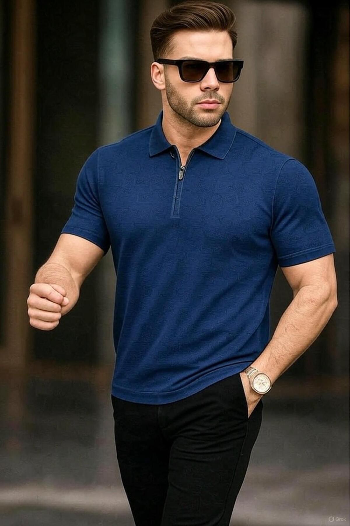 ribana Erkek Polo Yaka Fermuarlı Triko T-shirt