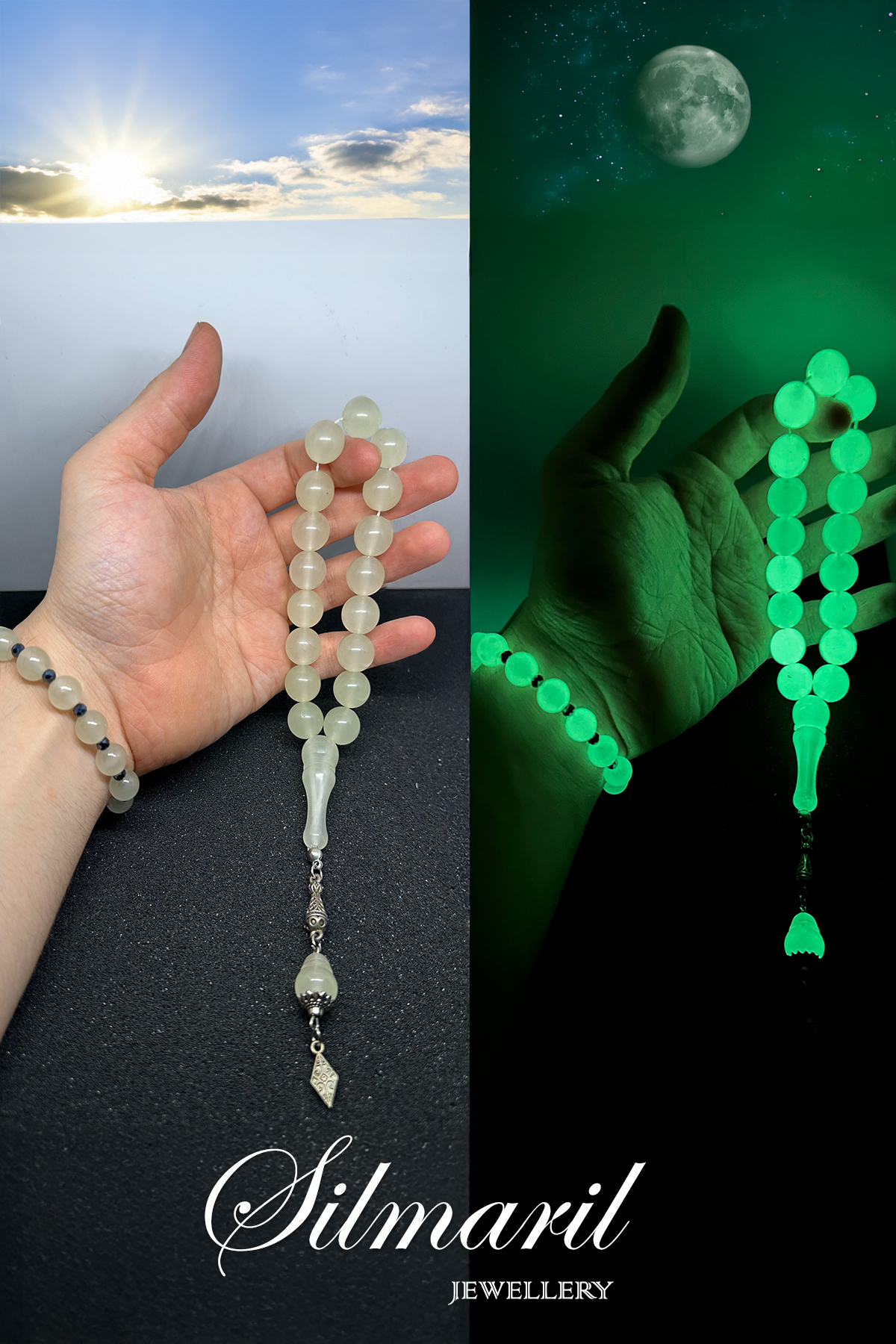 Geceleri Işıldayan Şıklık – Fosforlu Efe Boy Kedi Gözü Tespih & Bileklik Seti