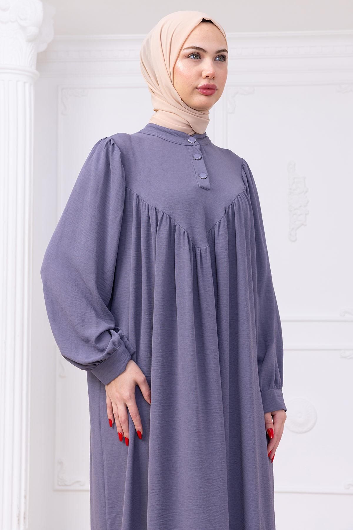 hafsamina Önü Düğmeli Eva Tesettür Elbise Gri HM2757