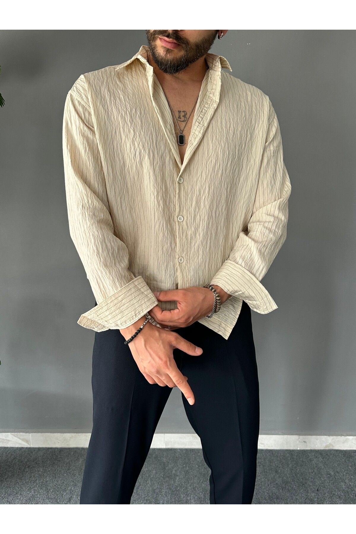 THEMANN İnce Çizgili Modal Kumaş Krem Oversize Gömlek