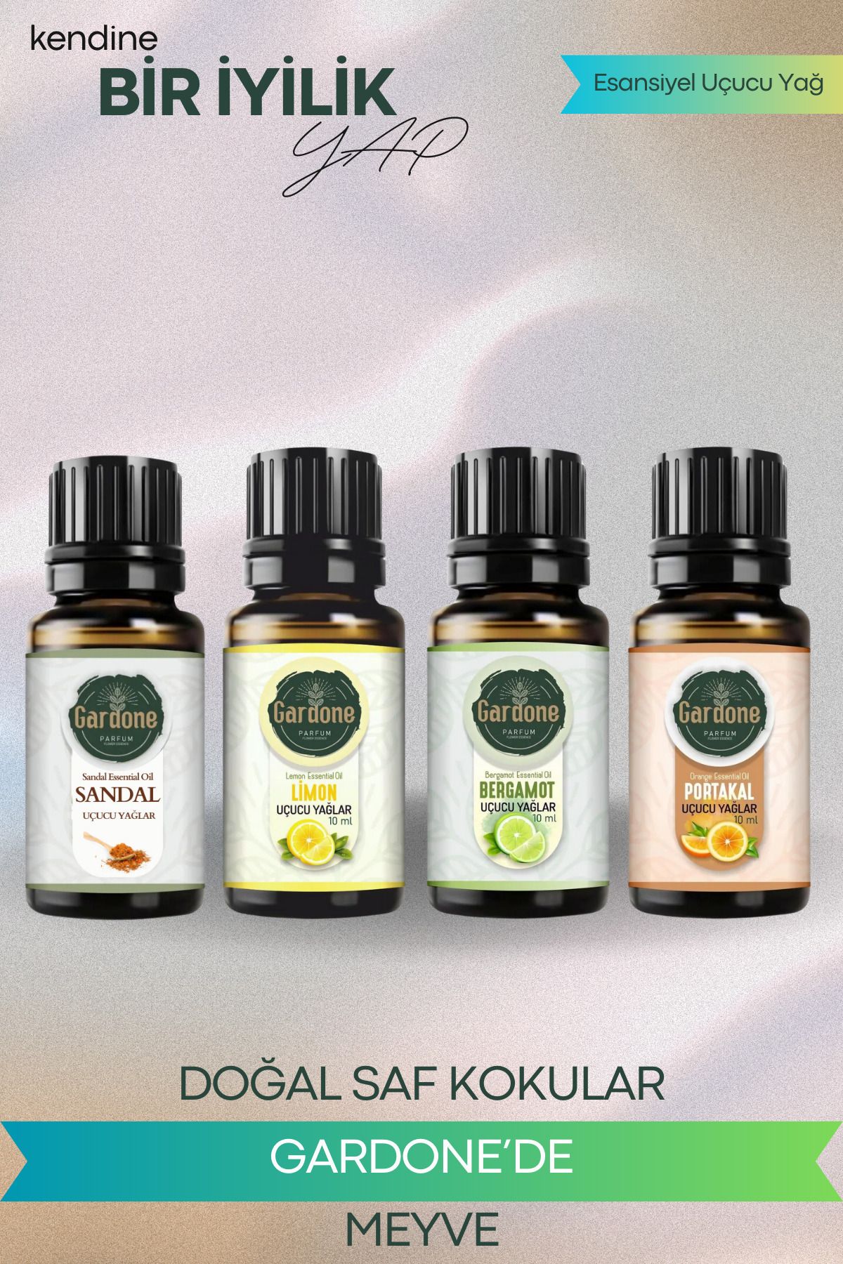 Gardone 4 lü Set Esansiyel Uçucu Yağ Buhurdanlık Yağı Esans Portakal Limon Bergamot Sandal 4*10 ml