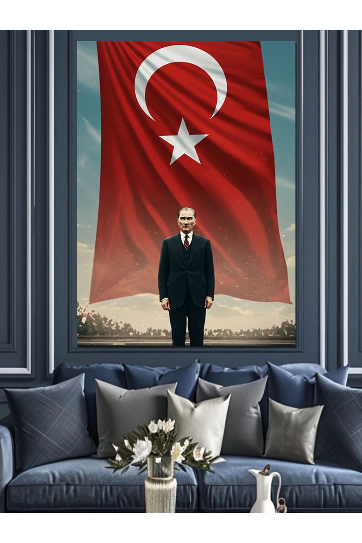 Tablomega Bayrak Önünde Mustafa Kemal Atatürk Dekoratif Kanvas - Mdf Ahşap Tablo