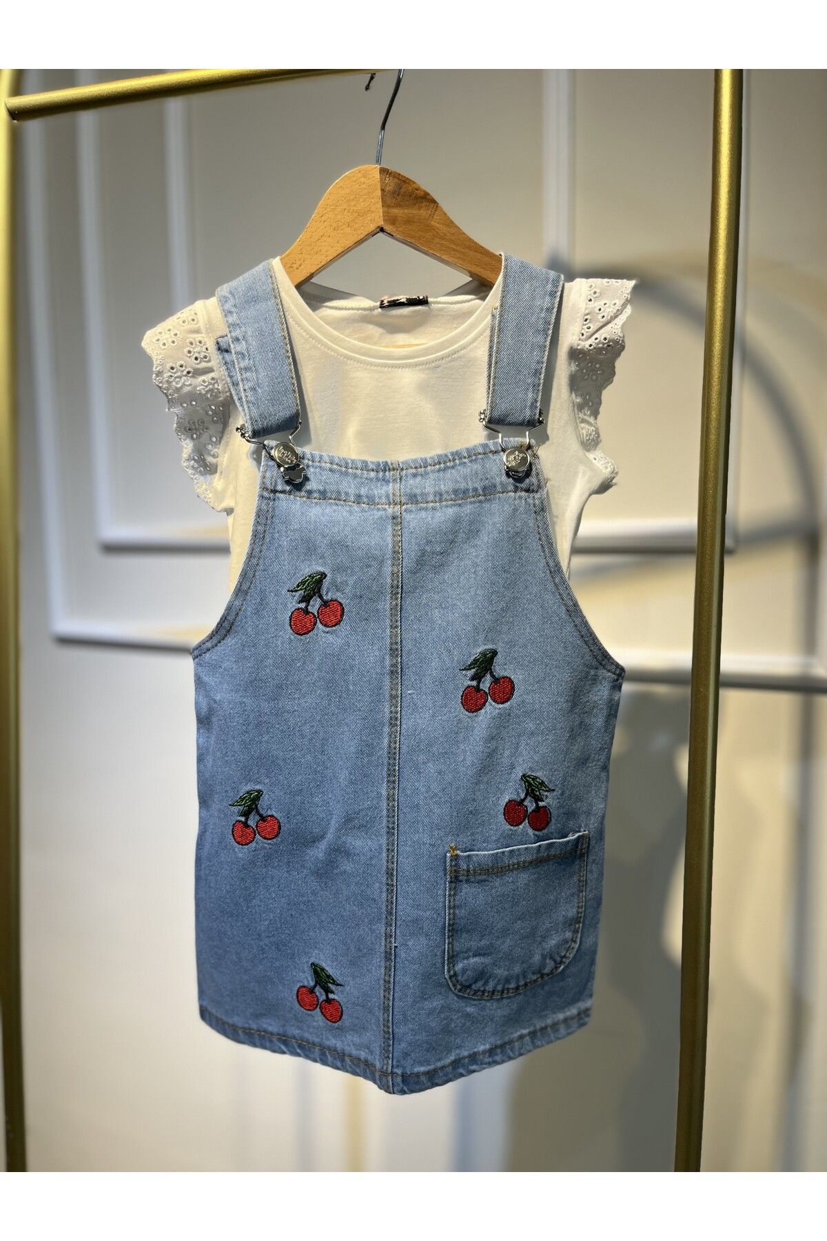 baume clothes KIZ ÇOCUK KİRAZ NAKIŞLI BADİ KOT JİLE PREMIUM ELBİSE