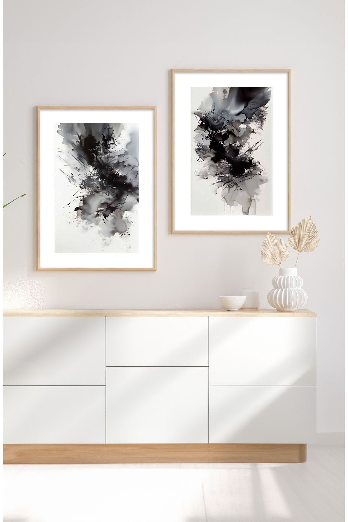 Artte Ahşap Çerçeveli Modern Siyah Gri Soyut 2’li Tablo Seti
