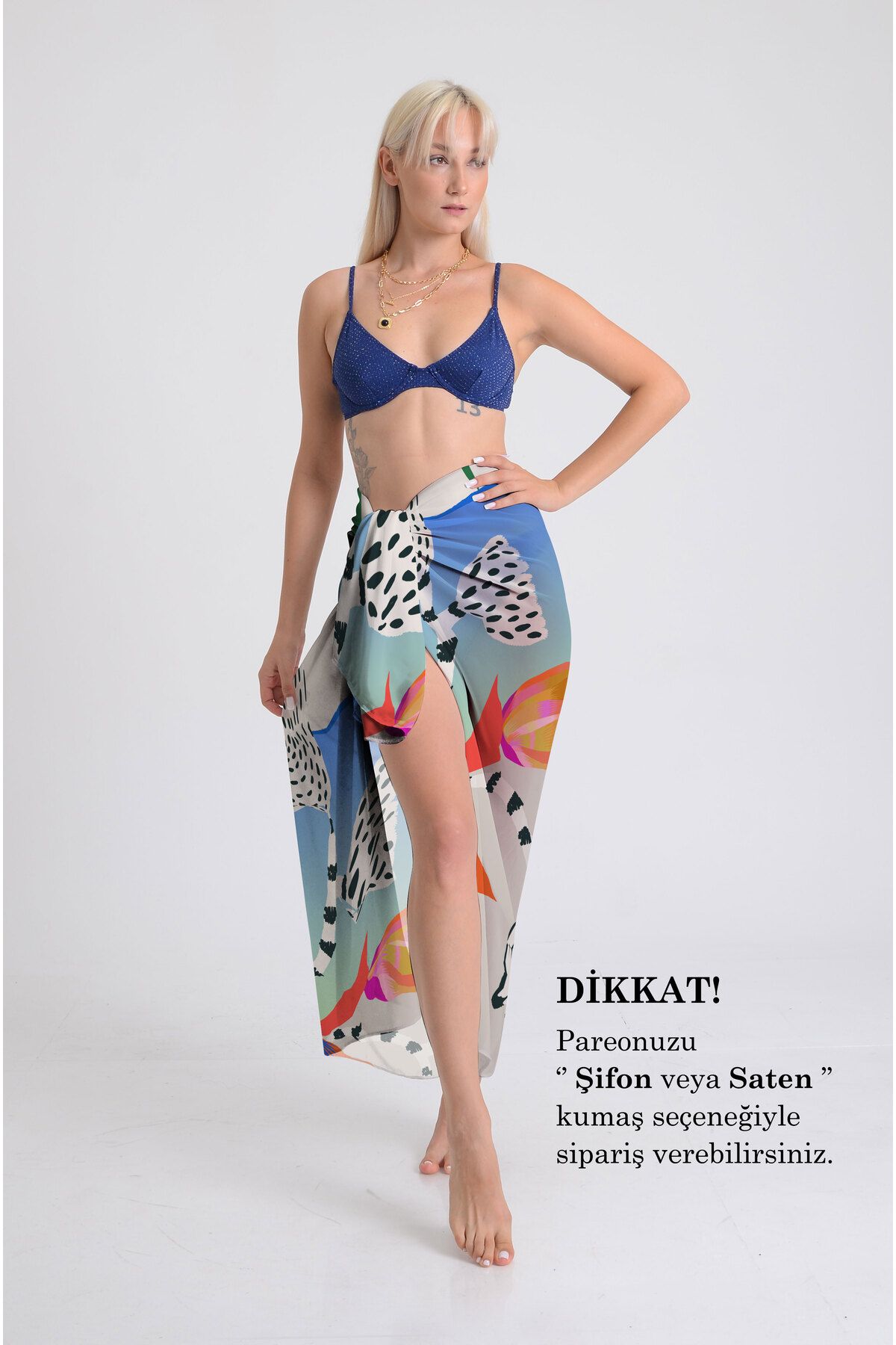 DESENİX Modern Botanik Desenli Pareo - 100x145 cm - İpeksi Şifon & Lüks Saten Kumaş Seçeneği - Plaj Elbisesi