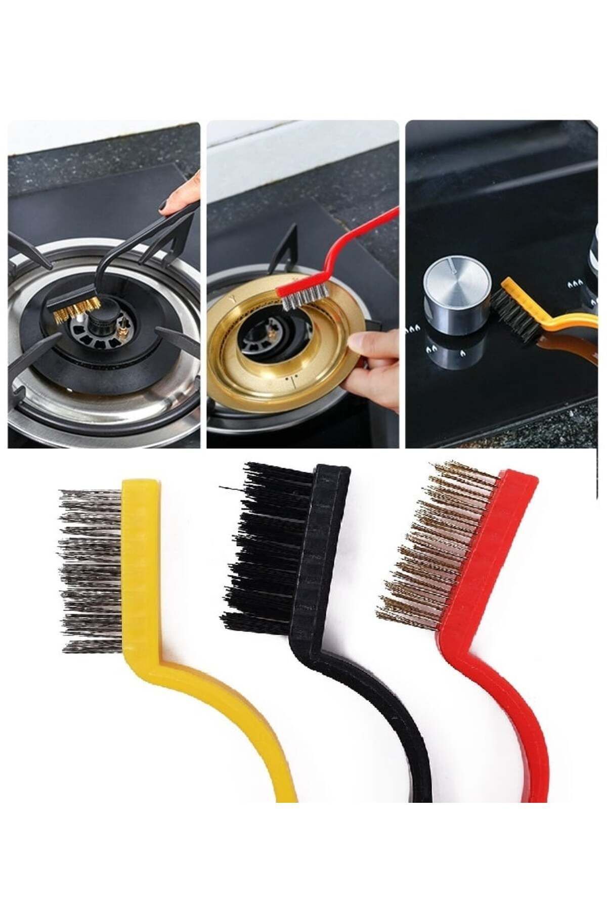 Magika Design Detaylı Temizlik Fırçası 3'lü Set, Bakır, Demir ve Plastik Uçlu, Mutfak-Ocak-Fırın-Fayans-Derz-Araba
