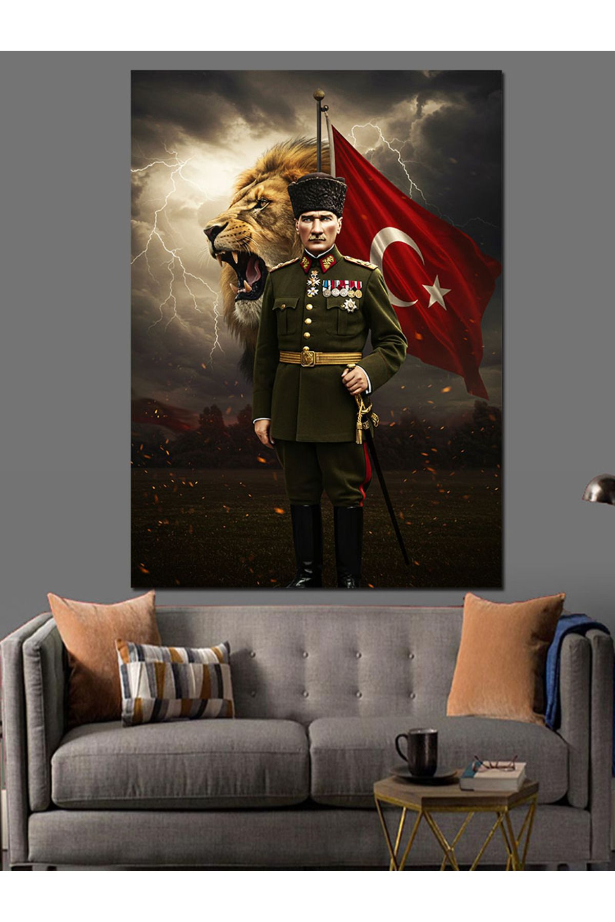 karizmart Aslan Ve Mustafa Kemal Atatürk Dekoratif Kanvas - Mdf Ahşap Tablo