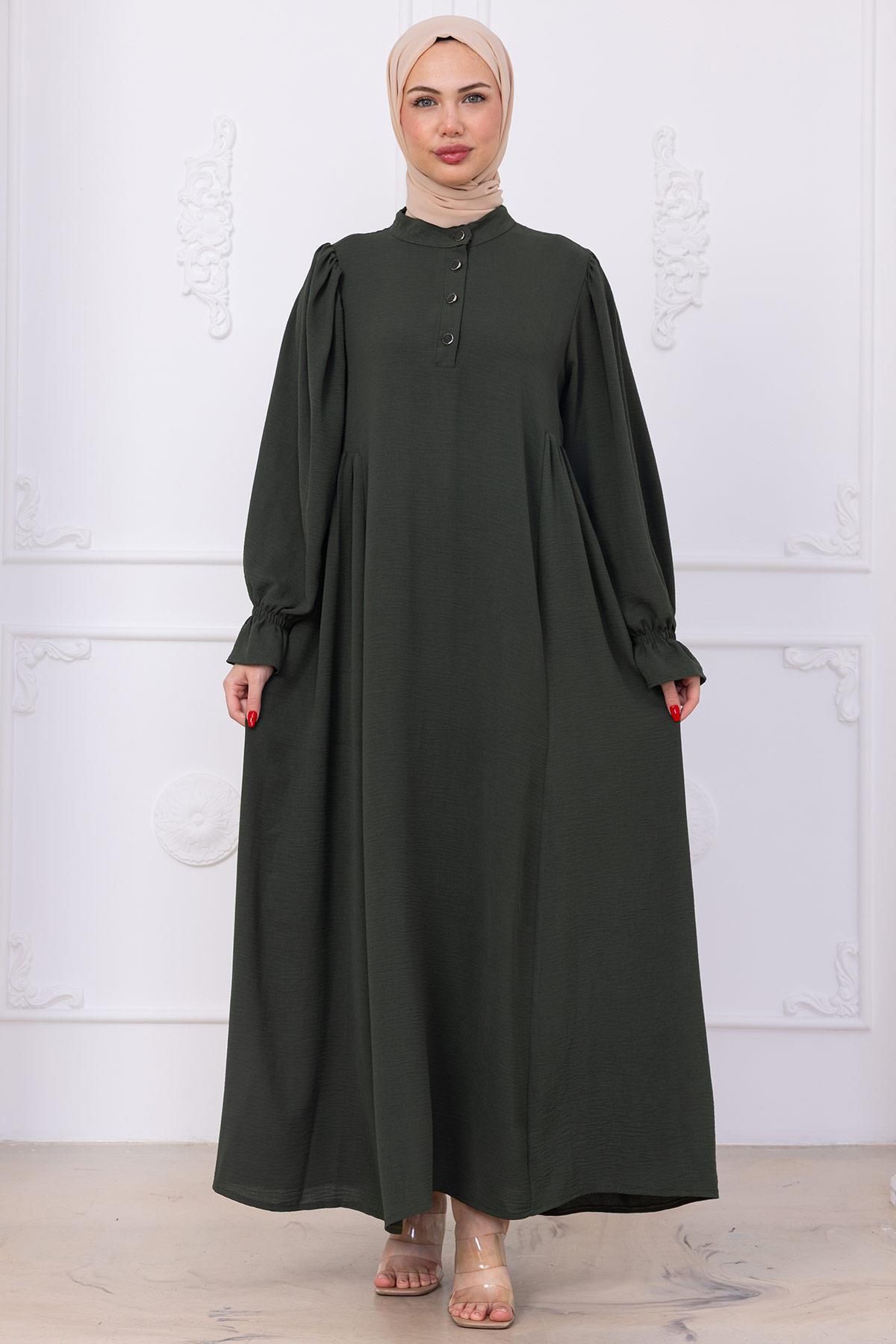 hafsamina Kolları Lastikli Eva Tesettür Elbise Haki HM2758