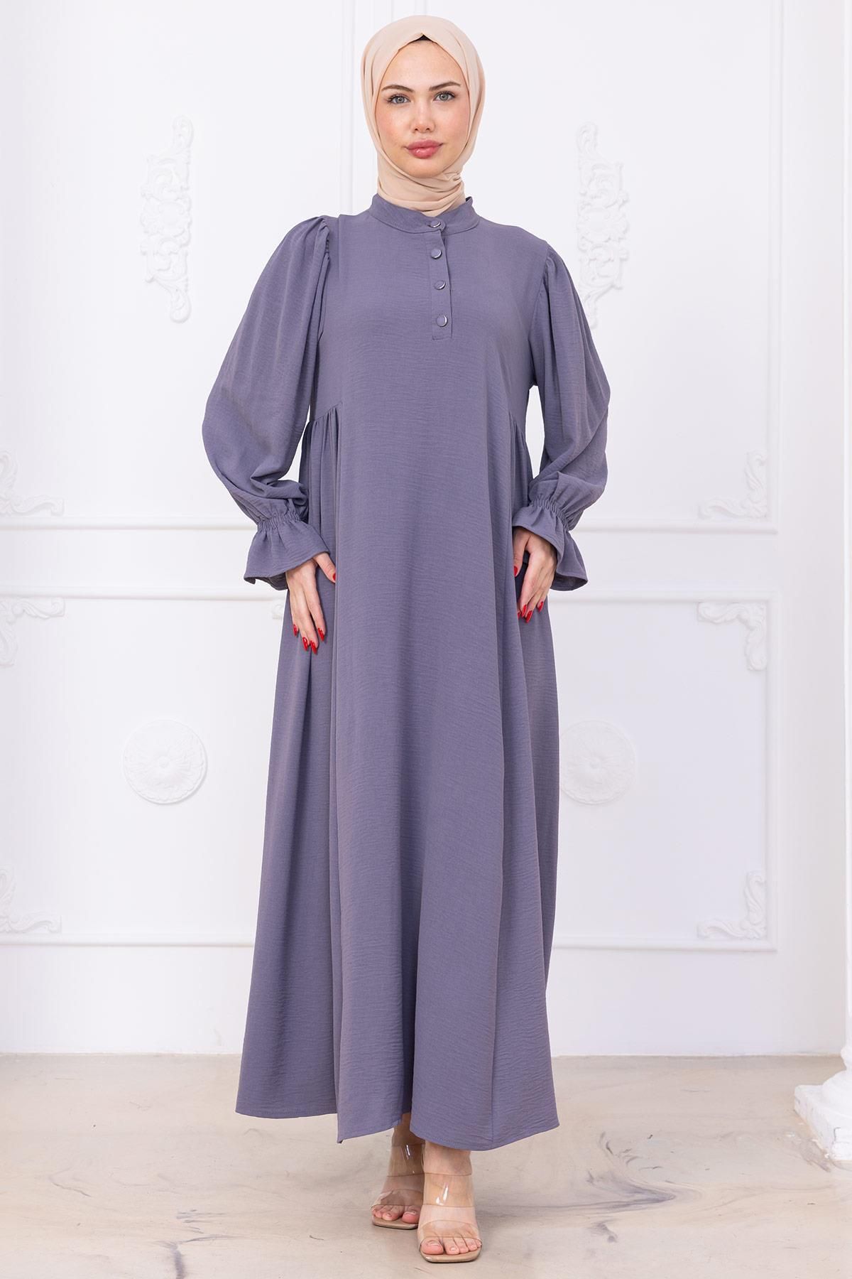 hafsamina Kolları Lastikli Eva Tesettür Elbise Gri HM2758