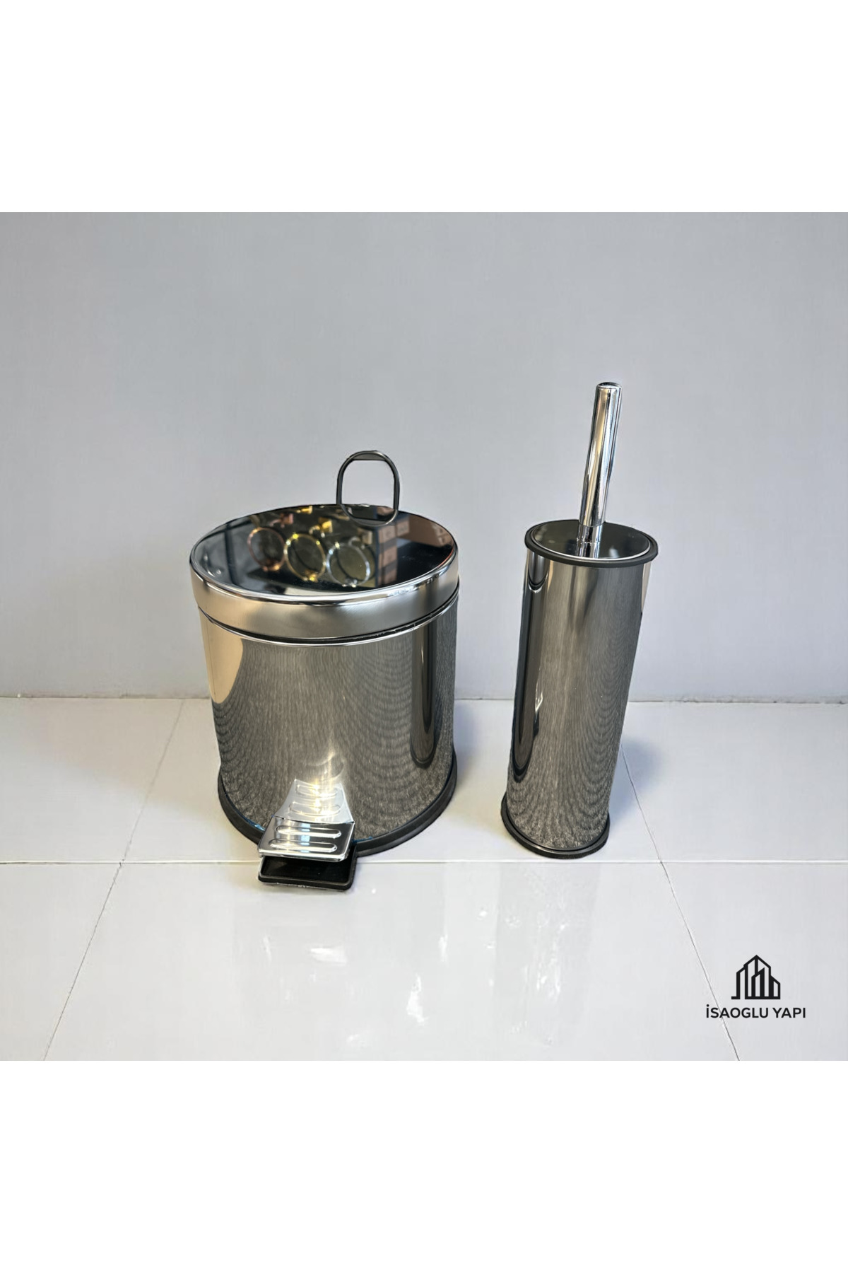 İSAOĞLU YAPI-Bathroom Dustbin Toilet Bowl Brush Set Stainless Material Bucket and Brush with Lid 3