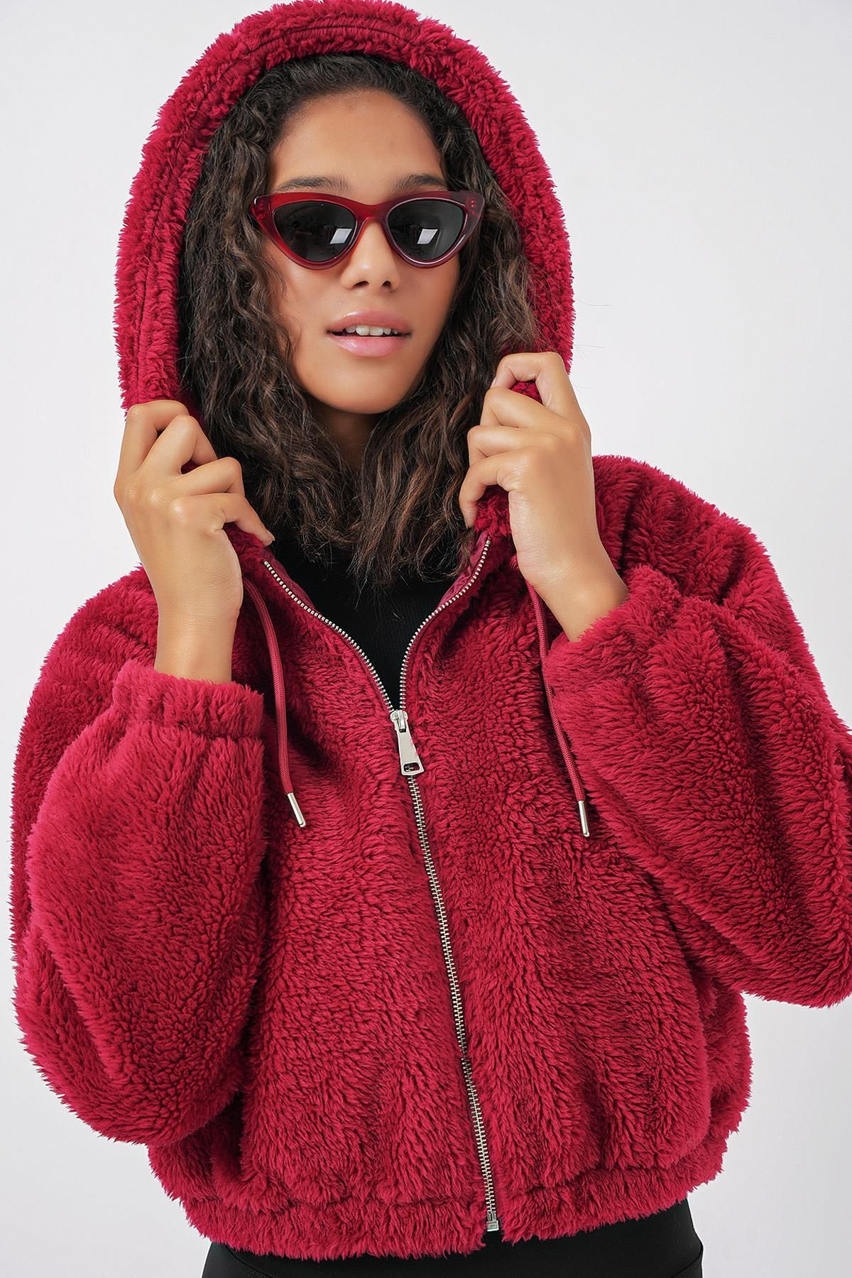 MODAMAİSA Kapüşonlu Peluş Crop Ceket - Bordo