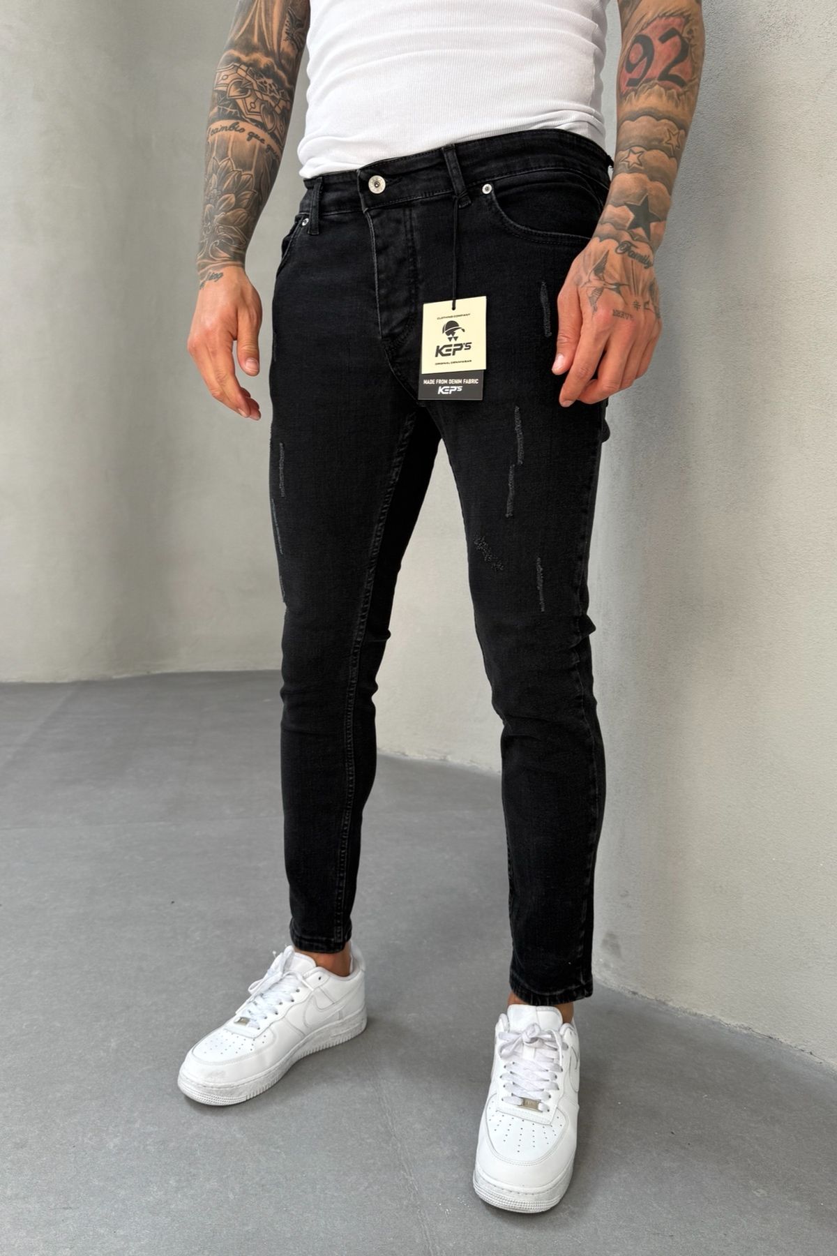 MADZEYMODA Slim Fit Dar Kesim Likralı Denim Kumaş Yırtık Detaylı Erkek Siyah Jean Kot Pantolon KE-122