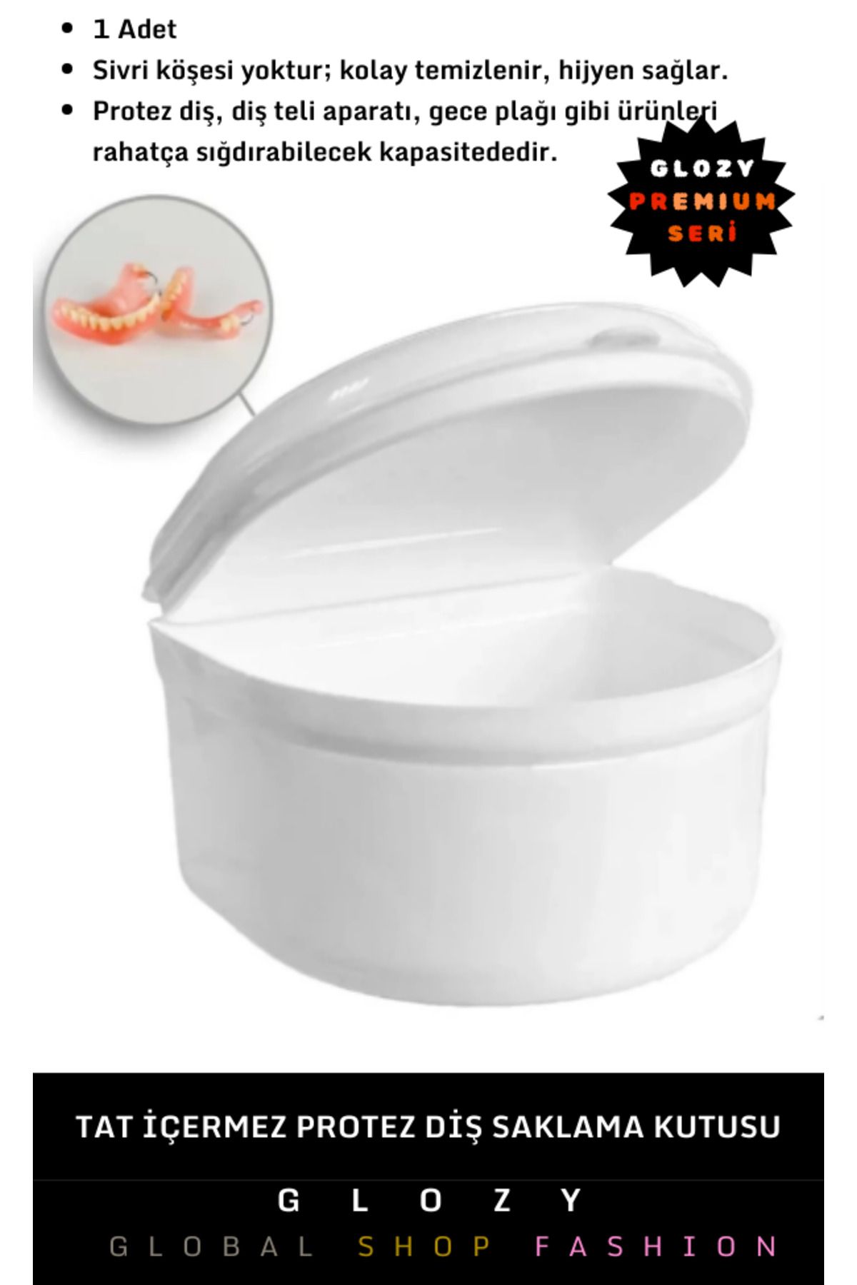 GLOZY Premium Seri Büyük Boy Tat Koku Geçirmez Hijyenik Protez Diş Sağlam Plastik Gece Plak Saklama Kutusu