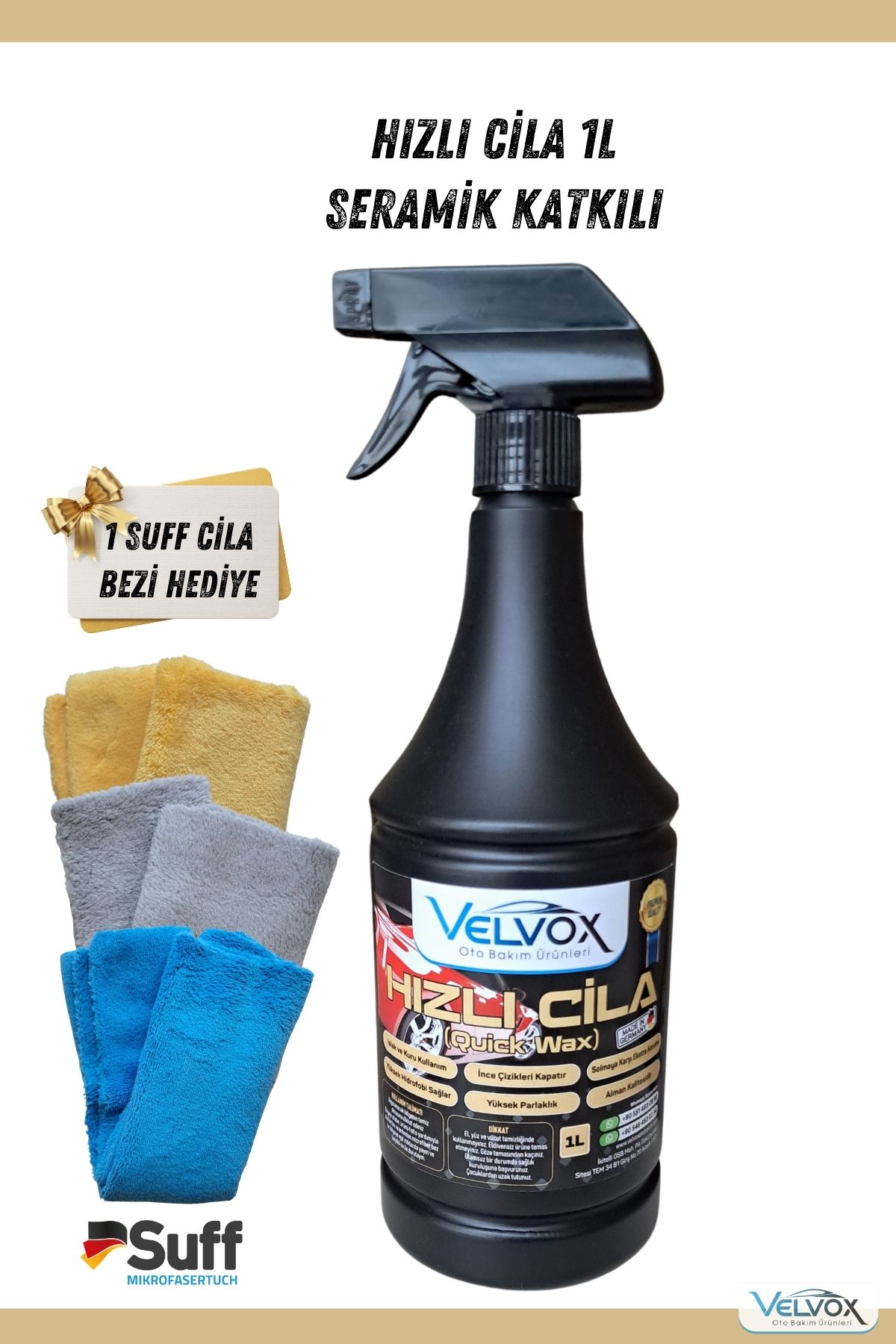 VELVOX Hızlı Cila Seramik Katkılı 1000 ml Microfiber Bez Hediye, Hızlı Cila, Oto Cila, Quick Wax
