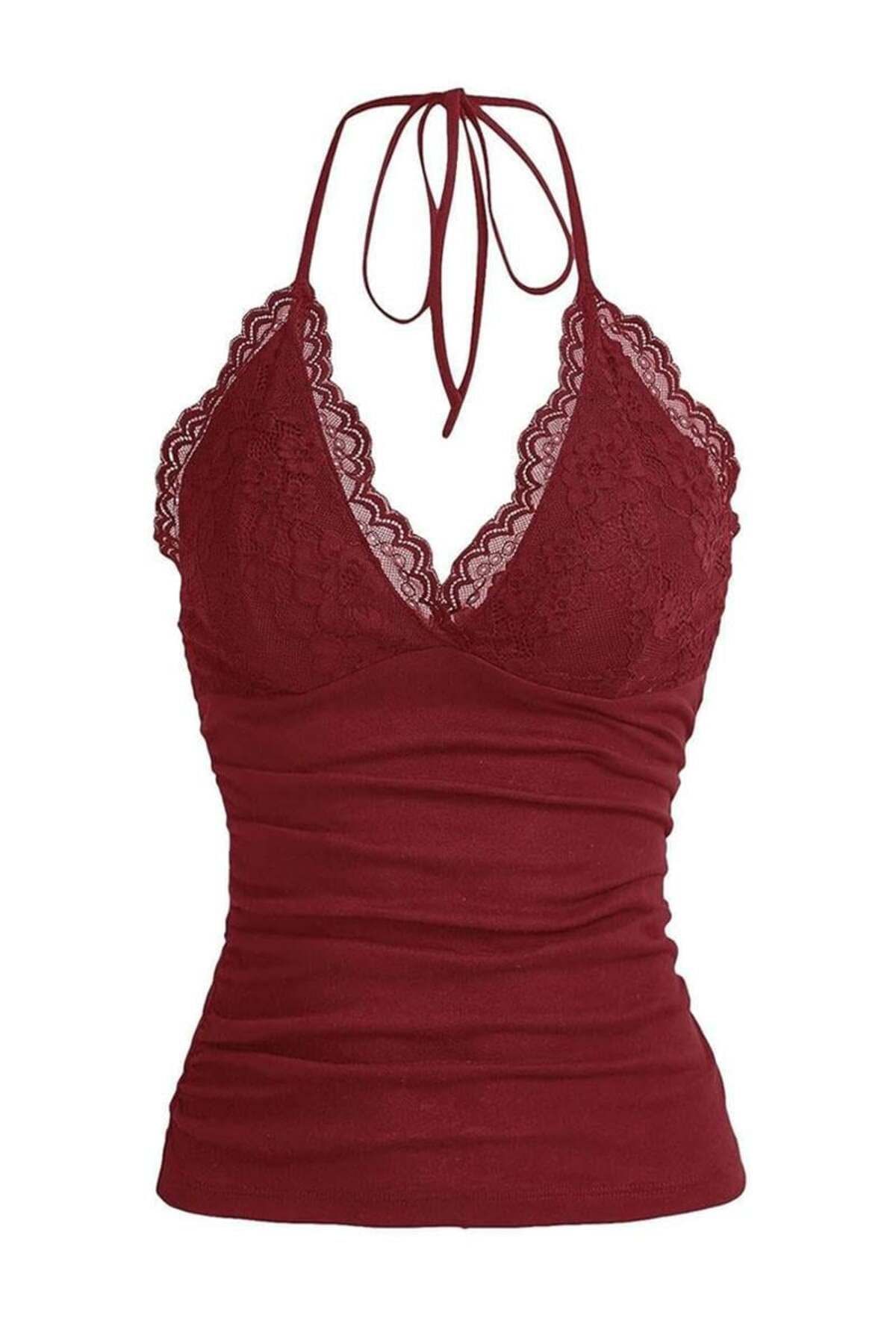 BALİNA Bordo Yeni Dantelli V Yaka Gothic Boyun Bağlamalı Full Body Crop THE SOLO