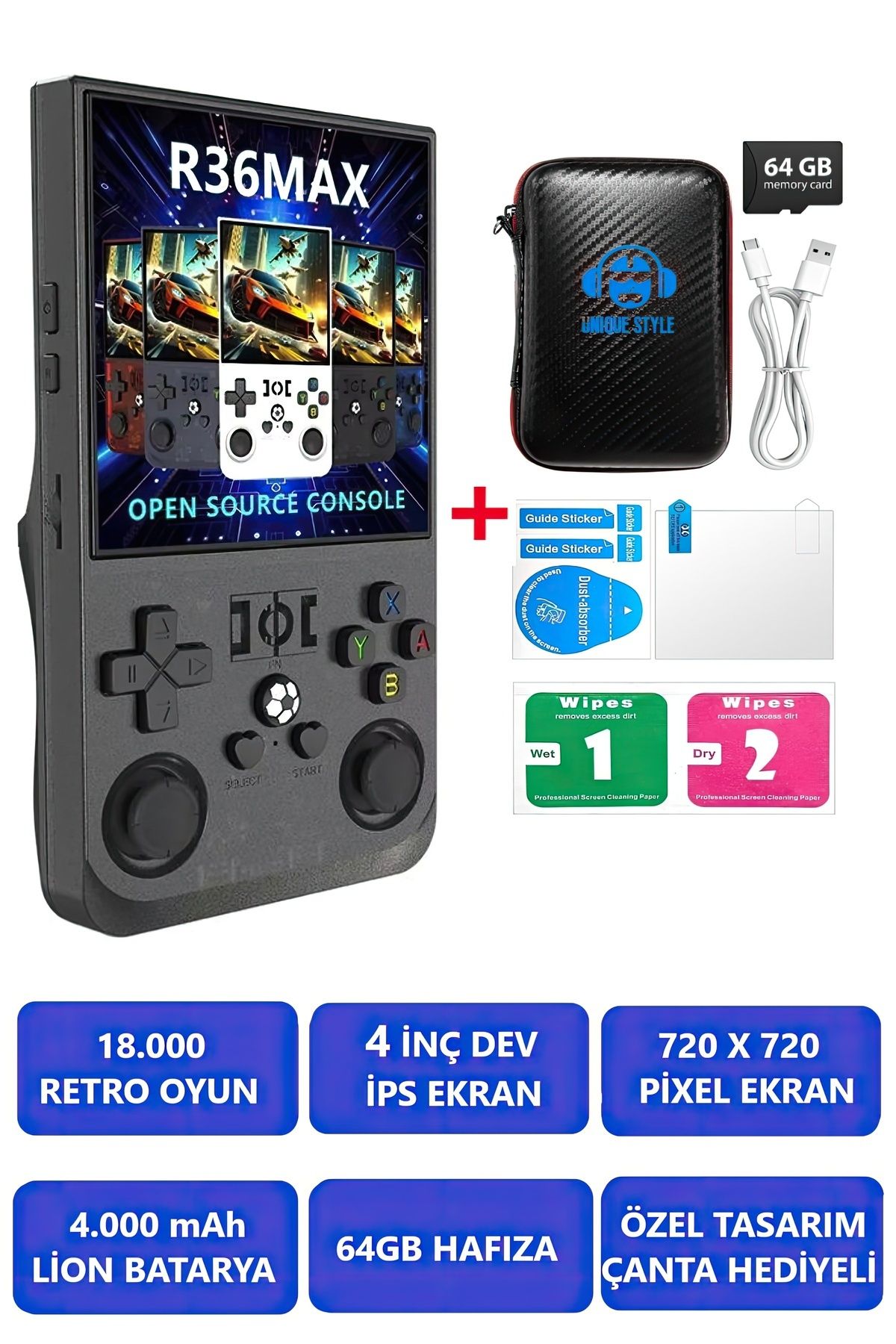 ROXİVA R36S MAX / 4" İPS EKRAN / 64 GB-18.000 OYUN/4.000mAh / 720X720P/ÇANTA HEDİYELİ RETRO OYUN