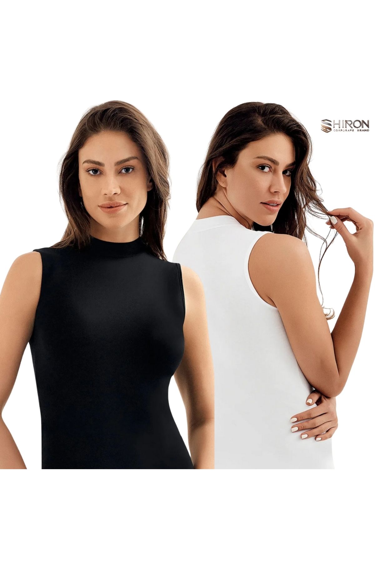 Shiron Sportswear&Company Yarım Balıkçı Yaka Beyaz ve Siyah 2'li Sıfır Kol Body