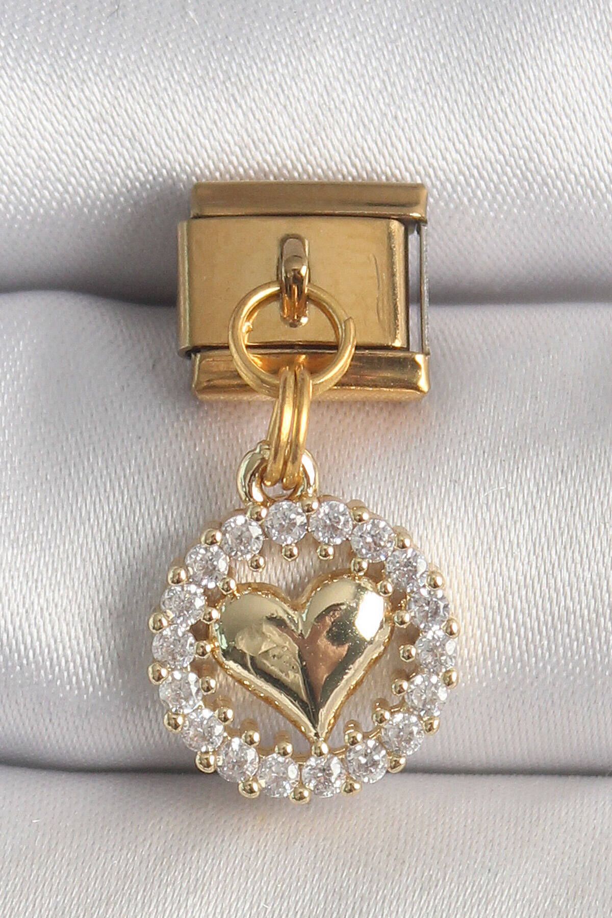 Clariss 316L Çelik Gold Renk Sallantı Zirkon Taşlı Kalp Model Nomination Charm