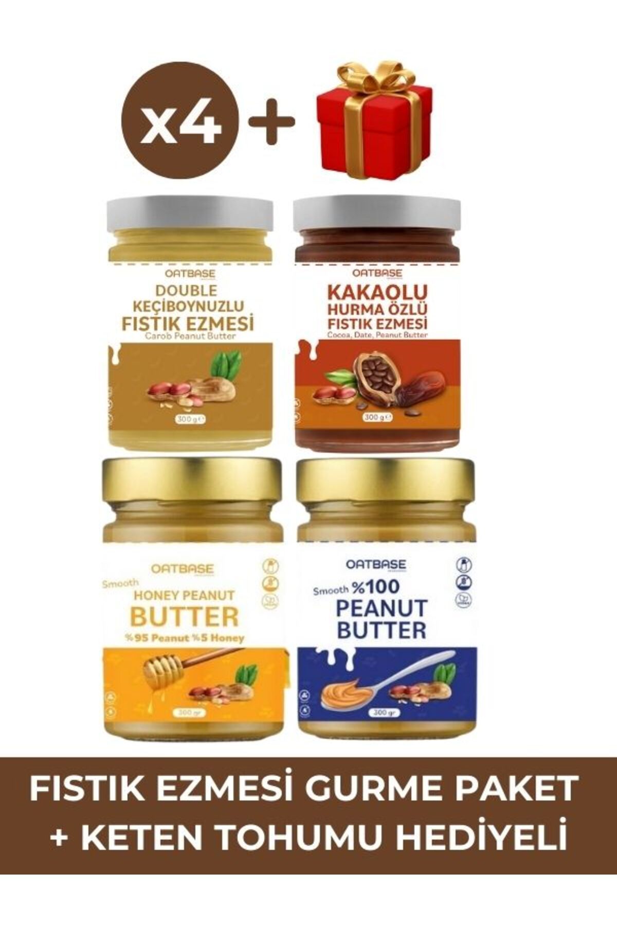 Oatbase Natural Oatbase Yer Fıstığı Ezmesi Gurme Set 300g x4 | + Keten Tohumu Hediyeli