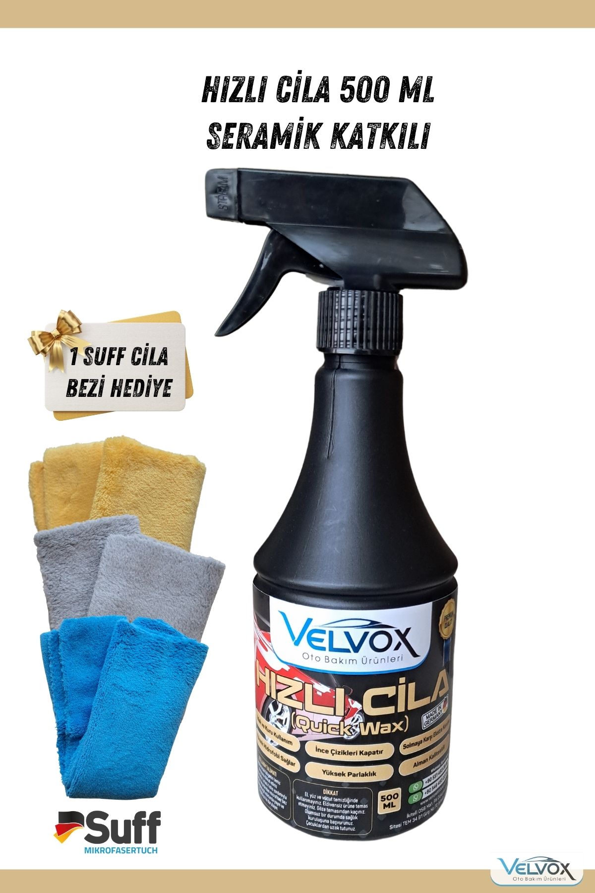 VELVOX Hızlı Cila Seramik Katkılı 500 ml Microfiber Bez Hediye, Hızlı Cila, Oto Cila, Quick Wax