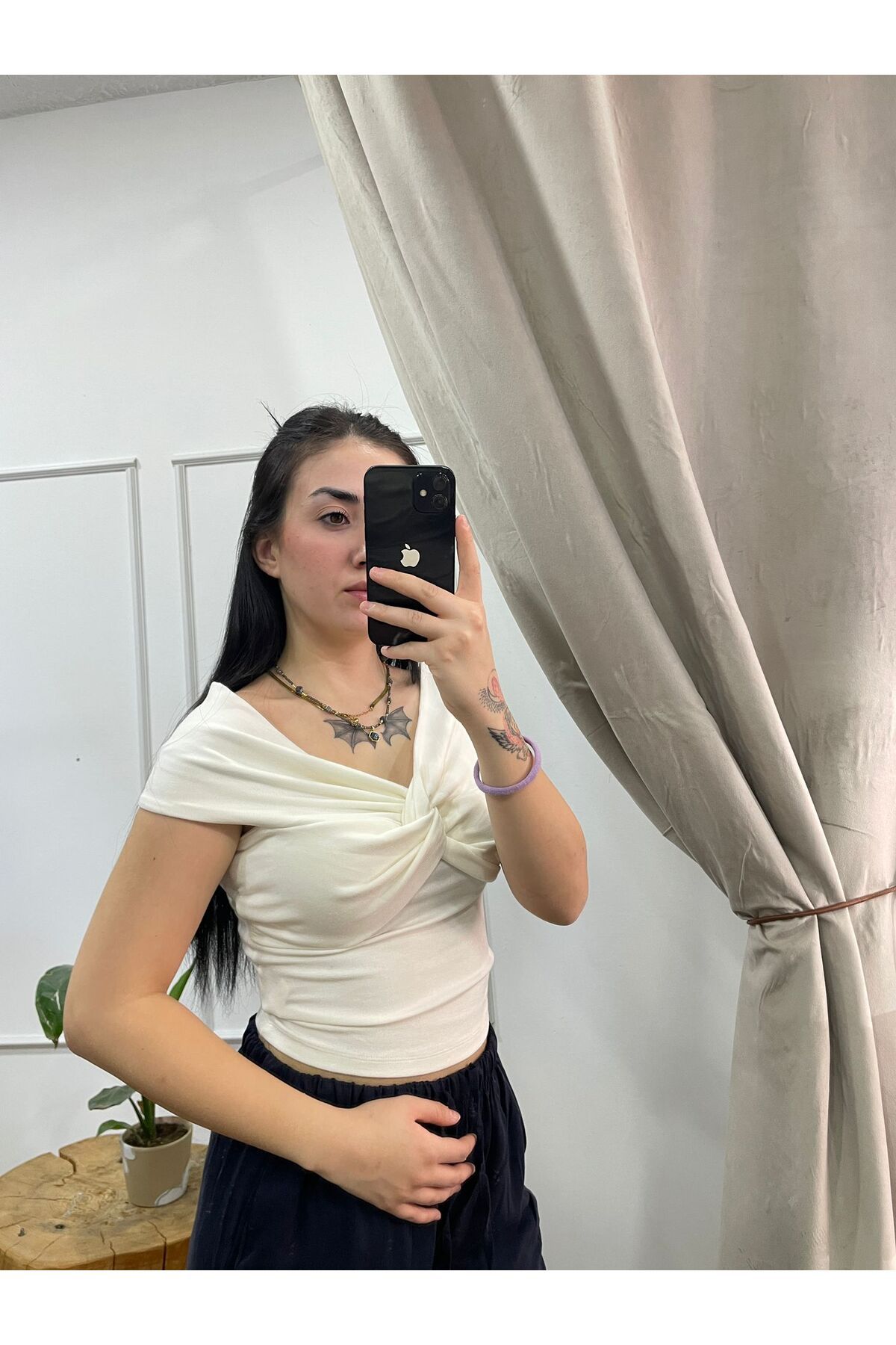 FASİON Kadın Kayık Yaka Madonna Düğüm Detaylı Crop Bluz