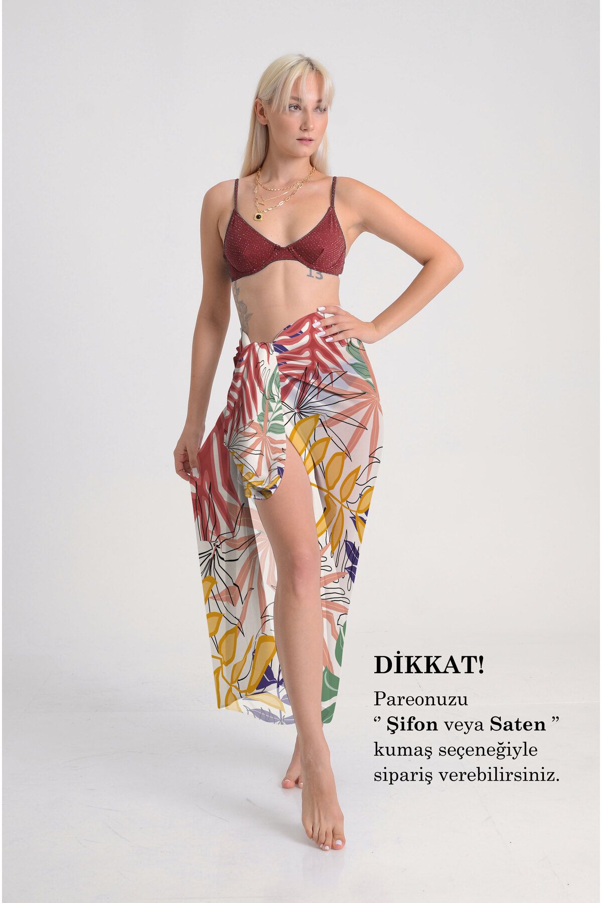 DESENİX Tropikal Yapraklar Desenli Pareo - 100x145 cm - İpeksi Şifon & Lüks Saten Kumaş Seçneği - Plaj Elbse
