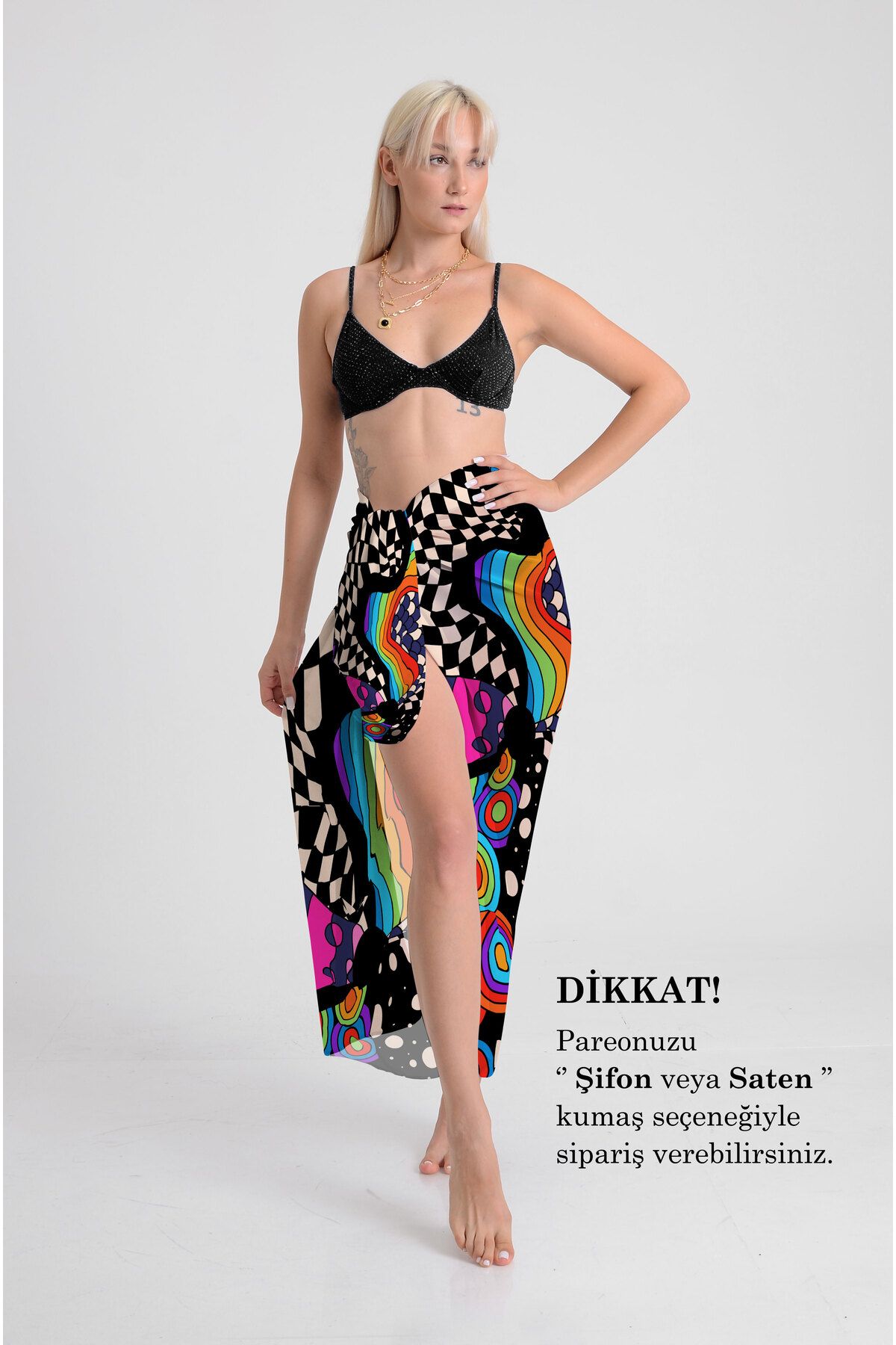 DESENİX Çılgın Geometrik Desenli Pareo - 100x145 cm - İpeksi Şifon & Lüks Saten Kumaş Seçeneği- Plaj Elbises