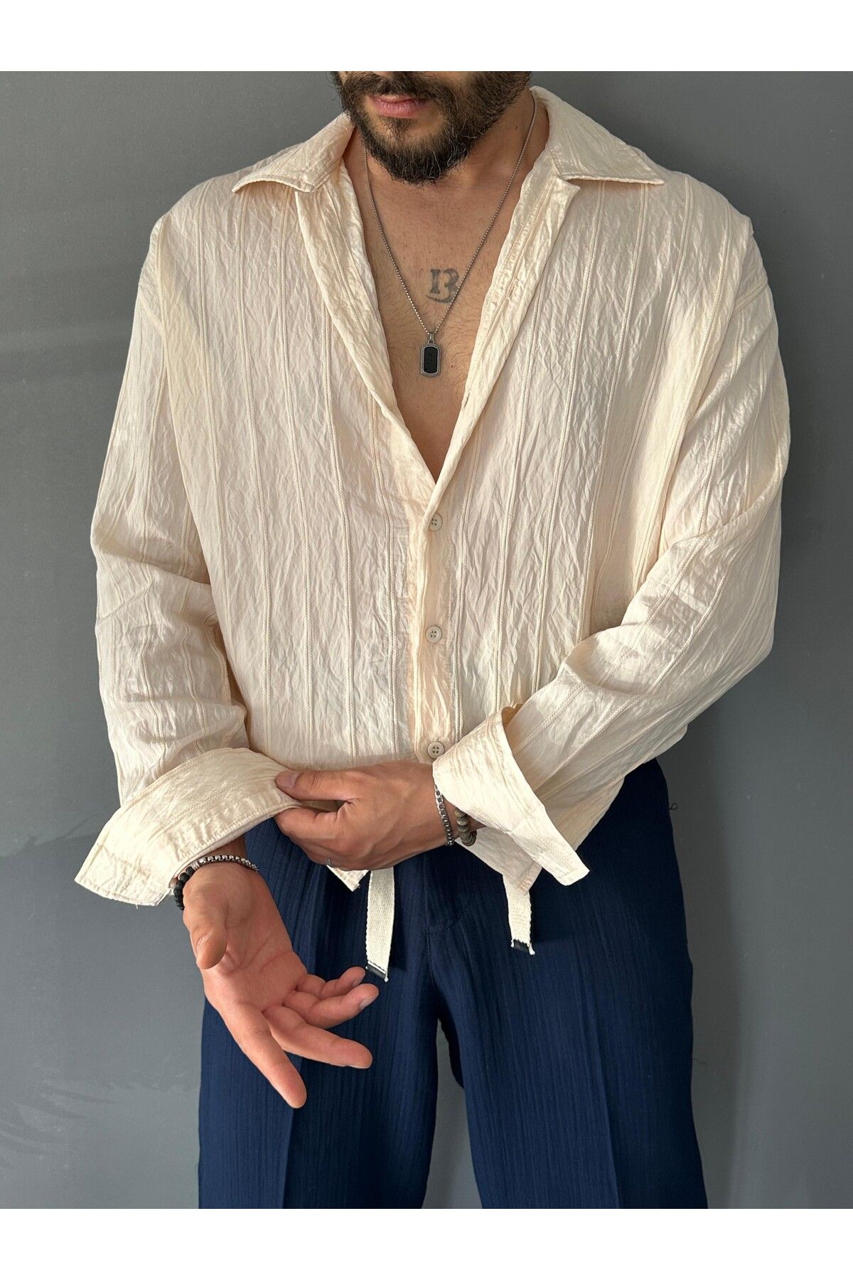 THEMANN Modal Kumaş Çizgili Krem Oversize Gömlek