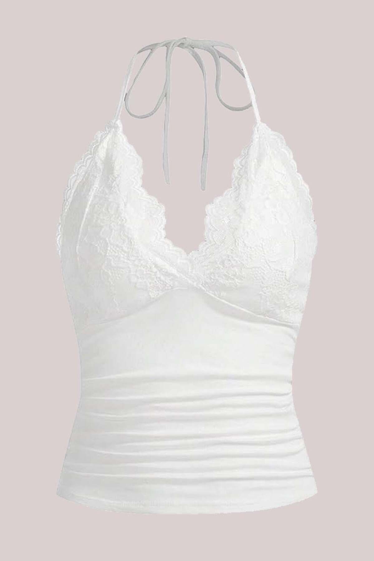 BALİNA Beyaz Yeni Dantelli V Yaka Gothic Boyun Bağlamalı Full Body Crop THE SOLO