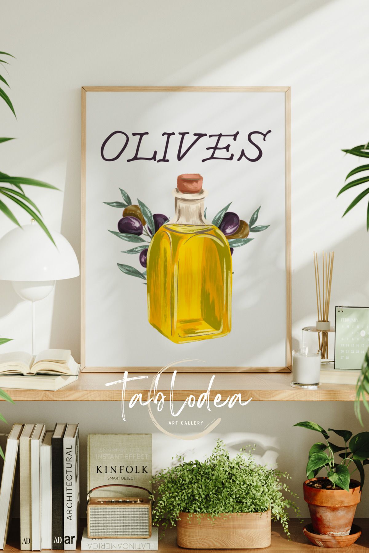 tablodea Zeytin Temalı Modern Mutfak Dekoru Çerçeveli Poster Tablo, Minimalist Dekoratif Bohem Mutfak Tablosu