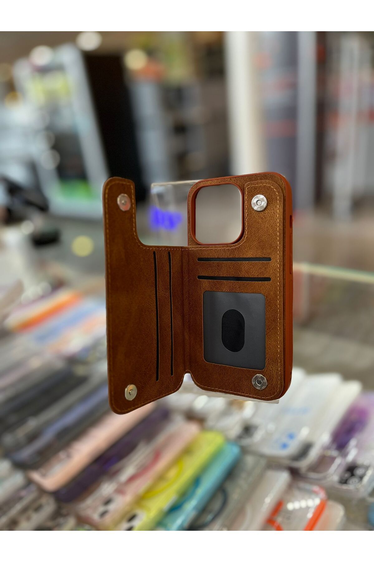 Goktugaksesuar iphone 13 Pro Max Uyumlu Deri Cüzdanlı Kılıf Premium Kahve Rengi